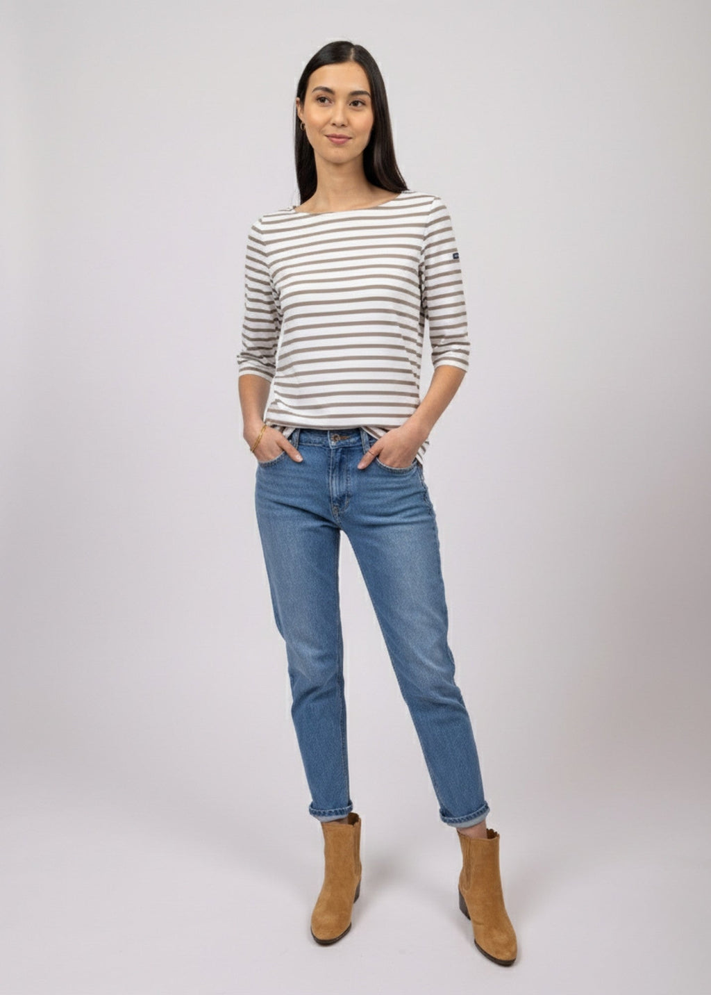 Saint James PHARE - Boat Neck Striped Tunic with Slits | Stretch fabric with UV Protection (WHITE / PEARL)