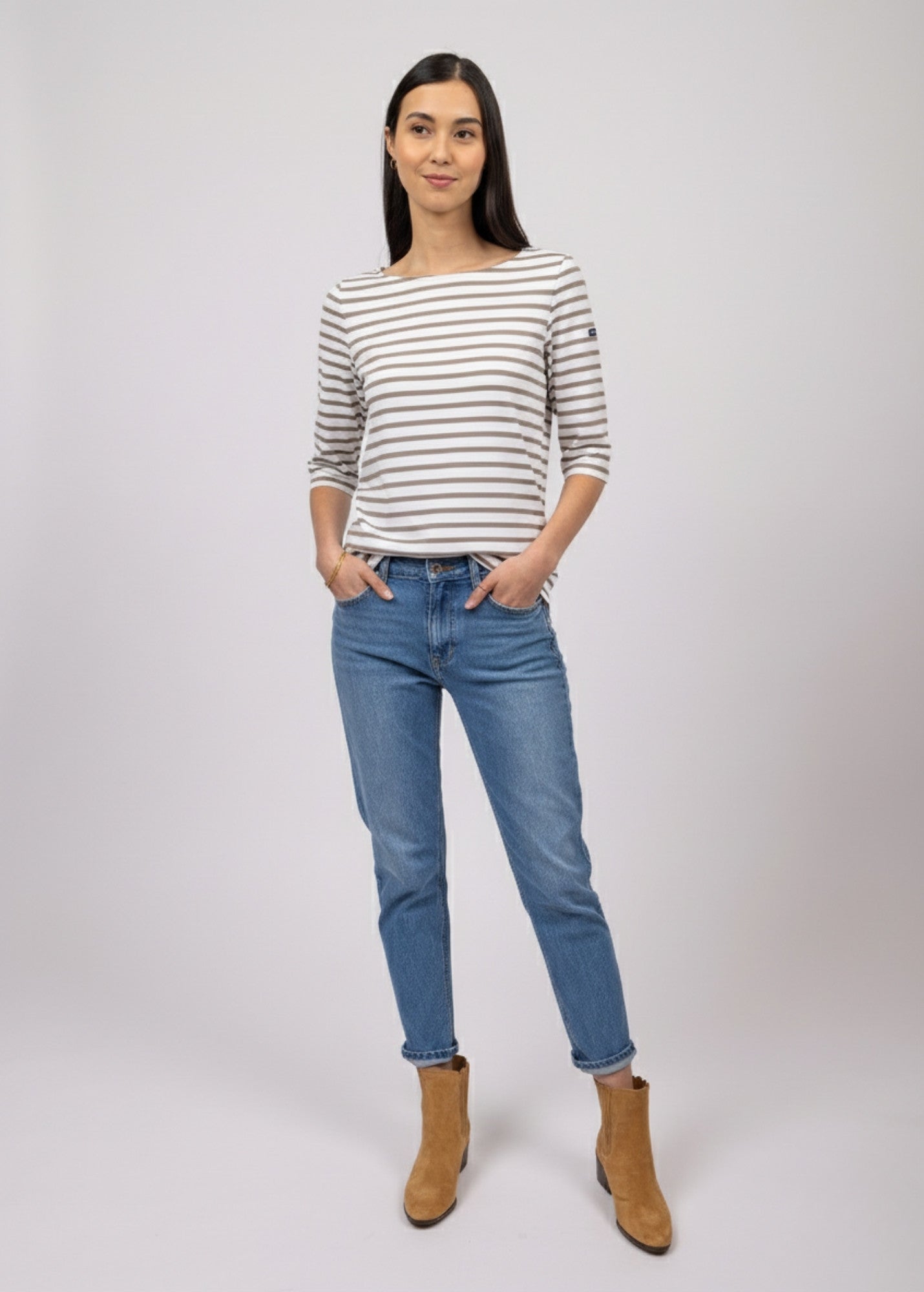 Saint James PHARE - Boat Neck Striped Tunic with Slits | Stretch fabric with UV Protection (WHITE / PEARL)