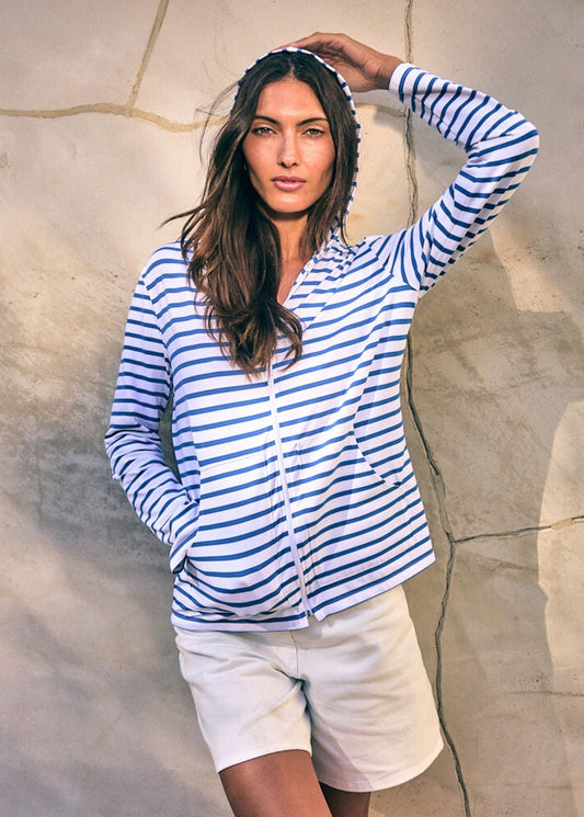 Saint James Plougastel Ii Striped Hoodie Jacket In Stretch Fabric With Uv Protection White Mer Blue