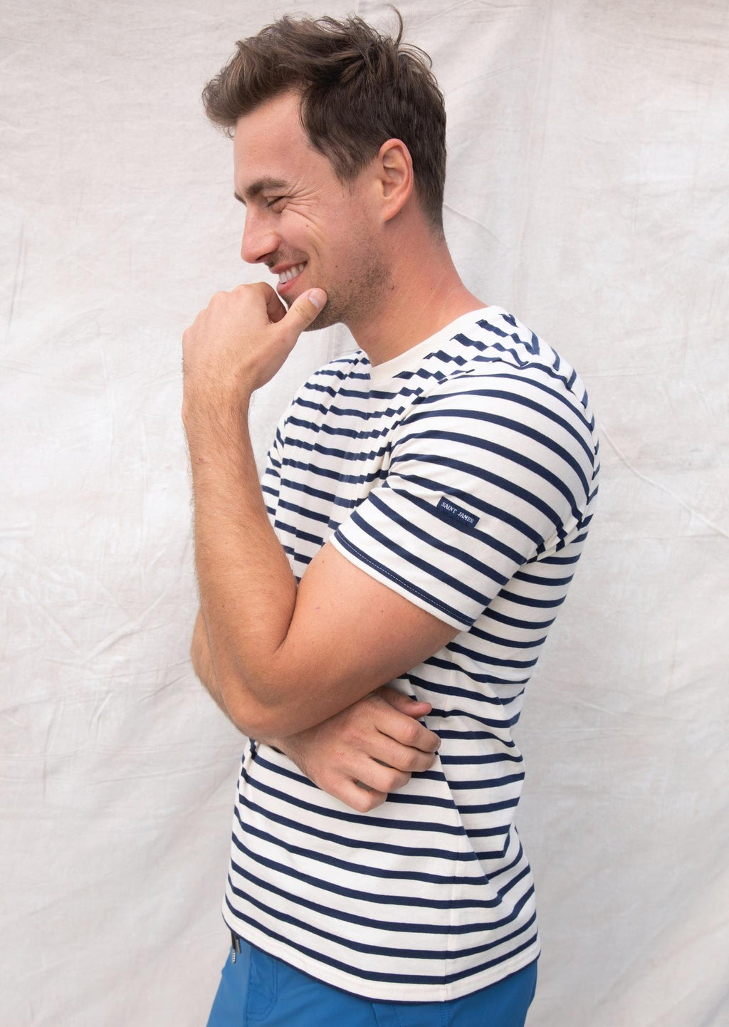 Saint James PLOUIDER - Breton T-Shirt for Men | Crew Neck | 100% Cotton (ECRU / NAVY)