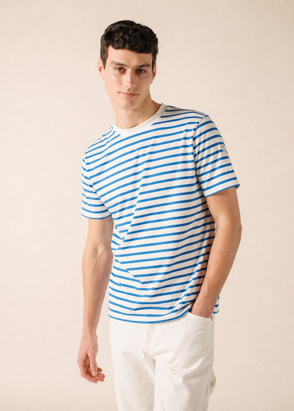 Saint James PLOUIDER II Breton T-Shirt (WHITE / CAPRI BLUE)