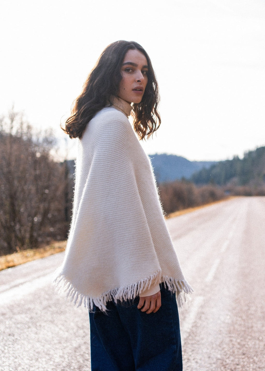 Saint James GO OUEST PONCHO - Fringed Knit Poncho | Soft Mohair-Alpaca Blend (WINTER WHITE)