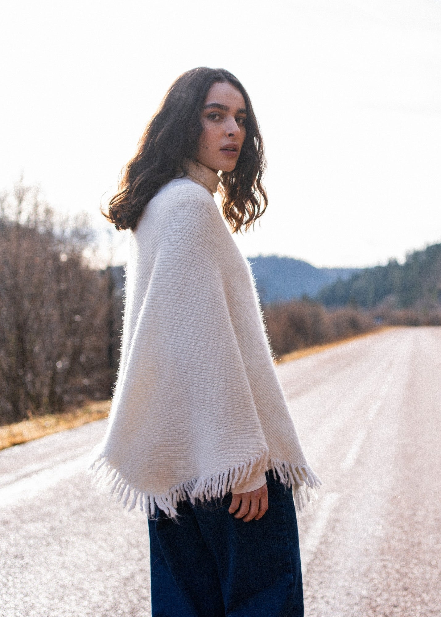 Saint James GO OUEST PONCHO - Fringed Knit Poncho | Soft Mohair-Alpaca Blend (WINTER WHITE)