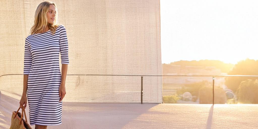 Saint James PROPRIANO - Form-Fitting Nautical Stripe Dress | Anti-UV Stretch Fabric (WHITE / NAVY)