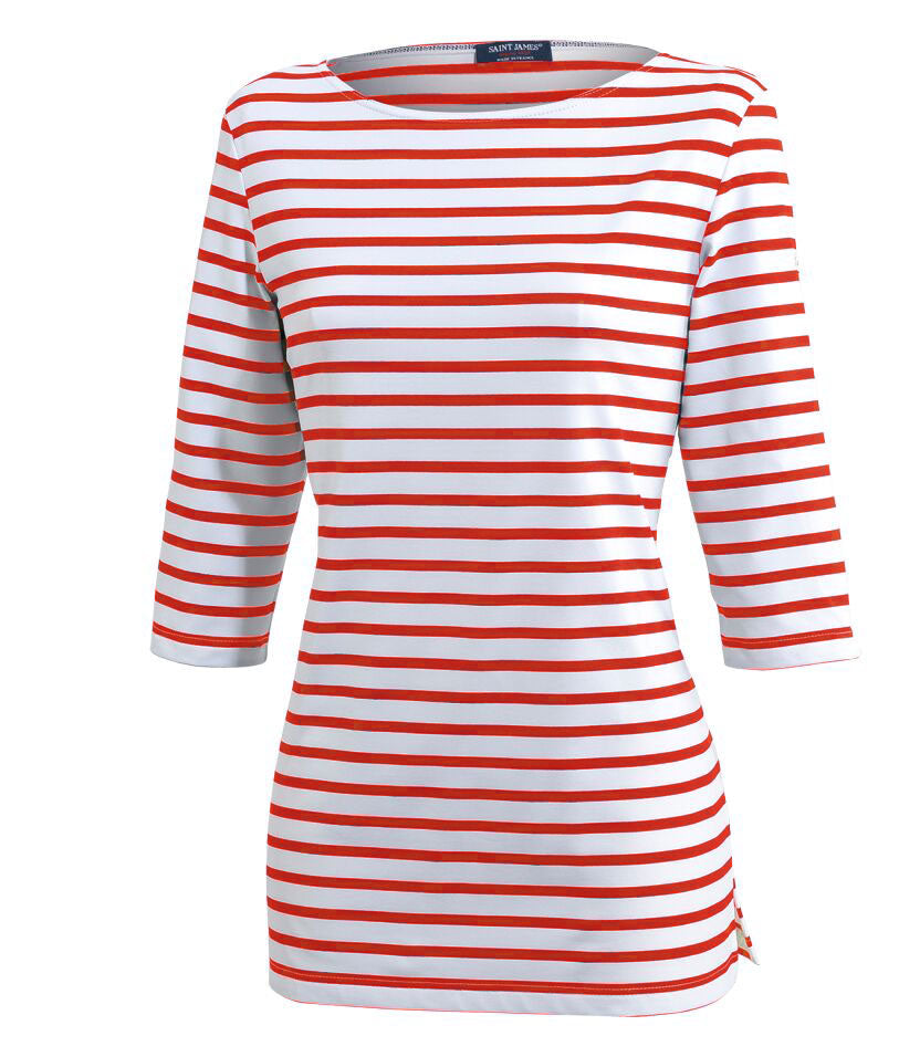 Saint James PHARE - Boat Neck Striped Tunic with Slits | Stretch fabric with UV Protection (WHITE / CHERRY)