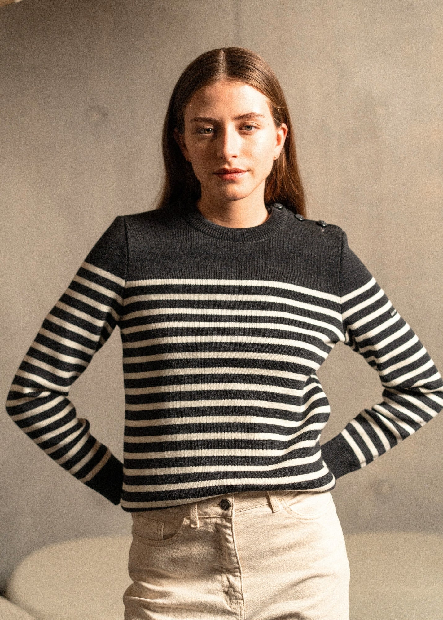 Saint James ROCHEFORT - Striped Breton Sweater With Button Shoulder for Women  | 100% Comfort Wool (CHARCOAL / IVORY)