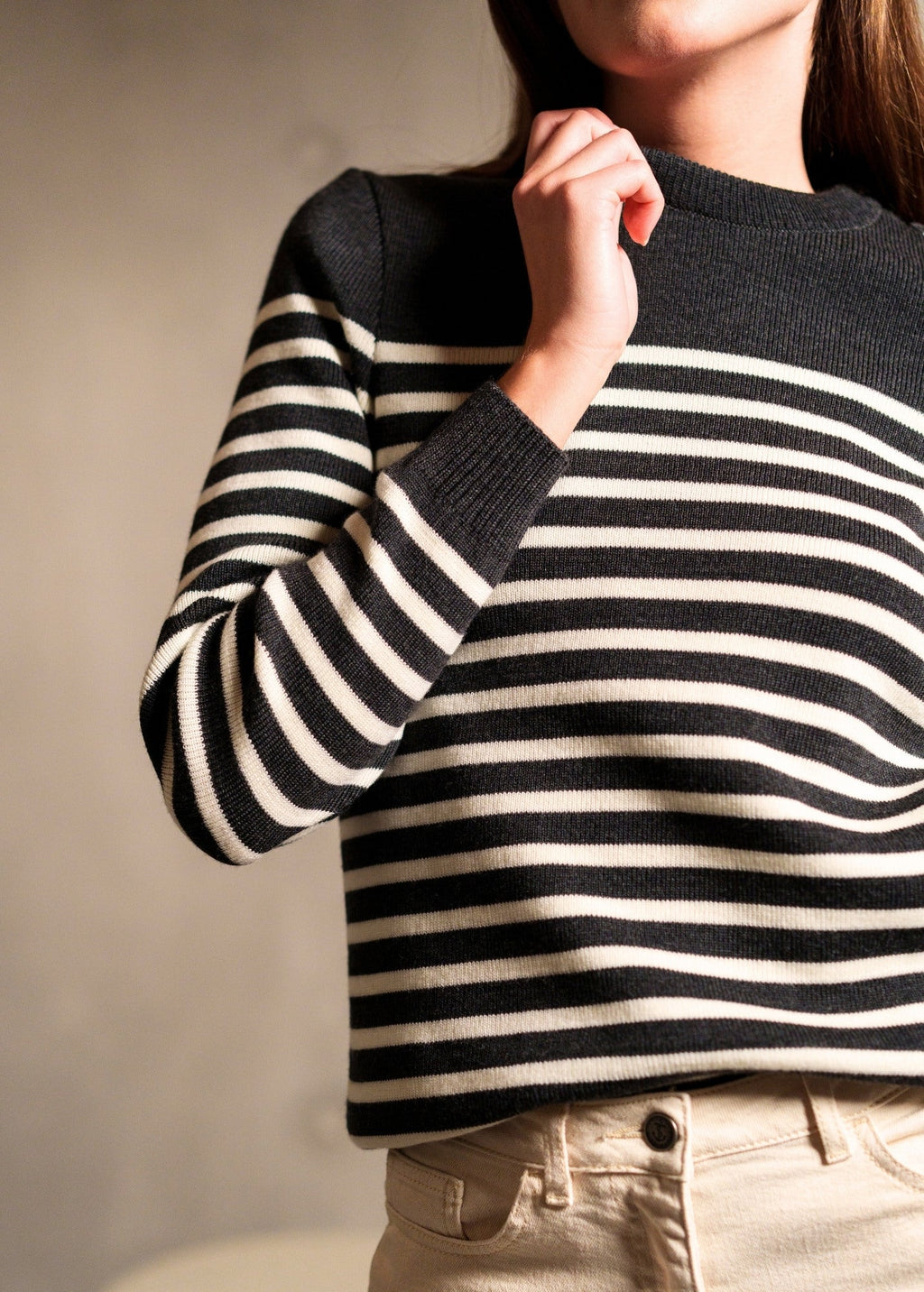 Saint James ROCHEFORT - Striped Breton Sweater With Button Shoulder for Women  | 100% Comfort Wool (CHARCOAL / IVORY)