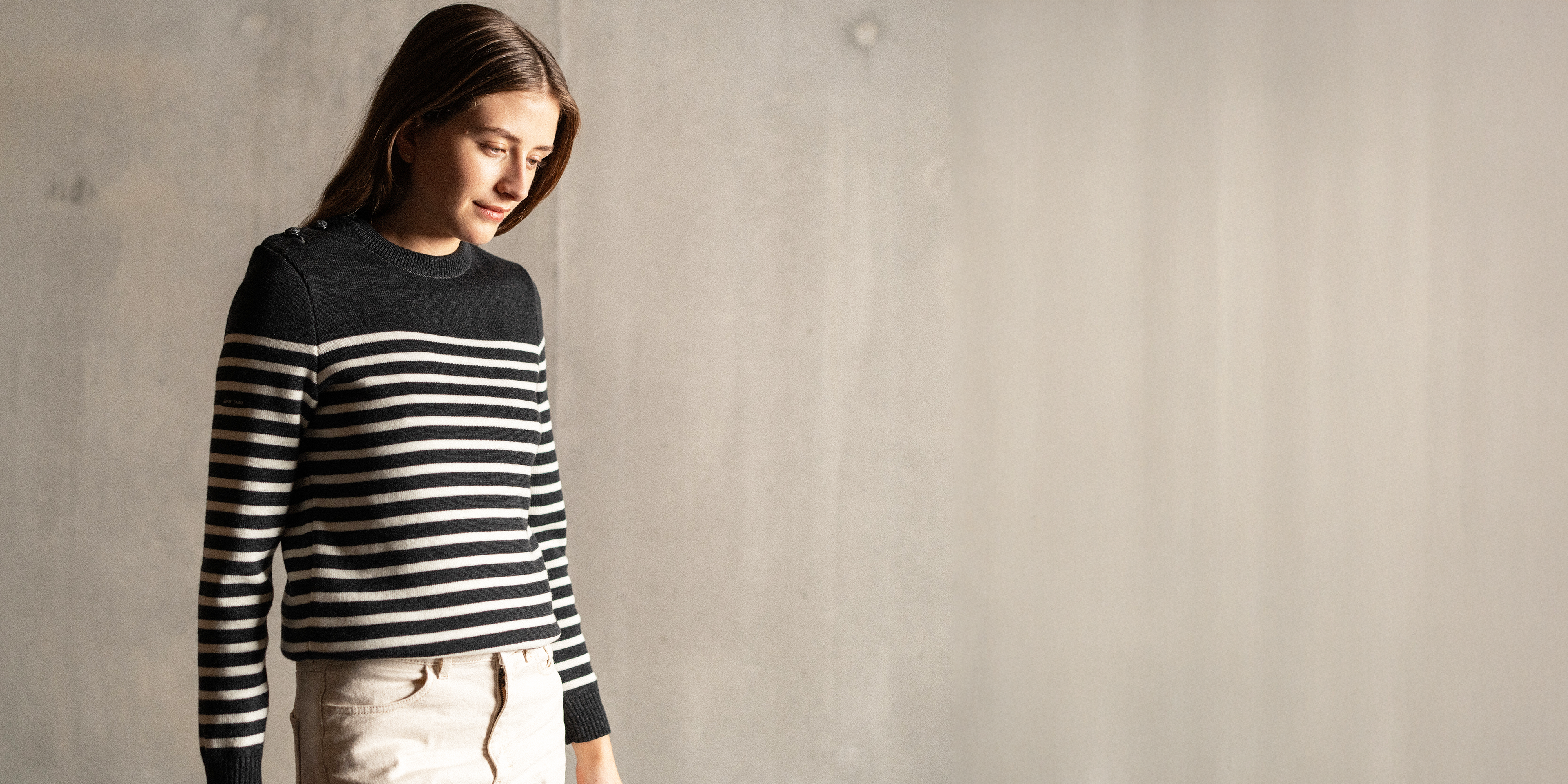 Saint James ROCHEFORT - Striped Breton Sweater With Button Shoulder for Women  | 100% Comfort Wool (CHARCOAL / IVORY)