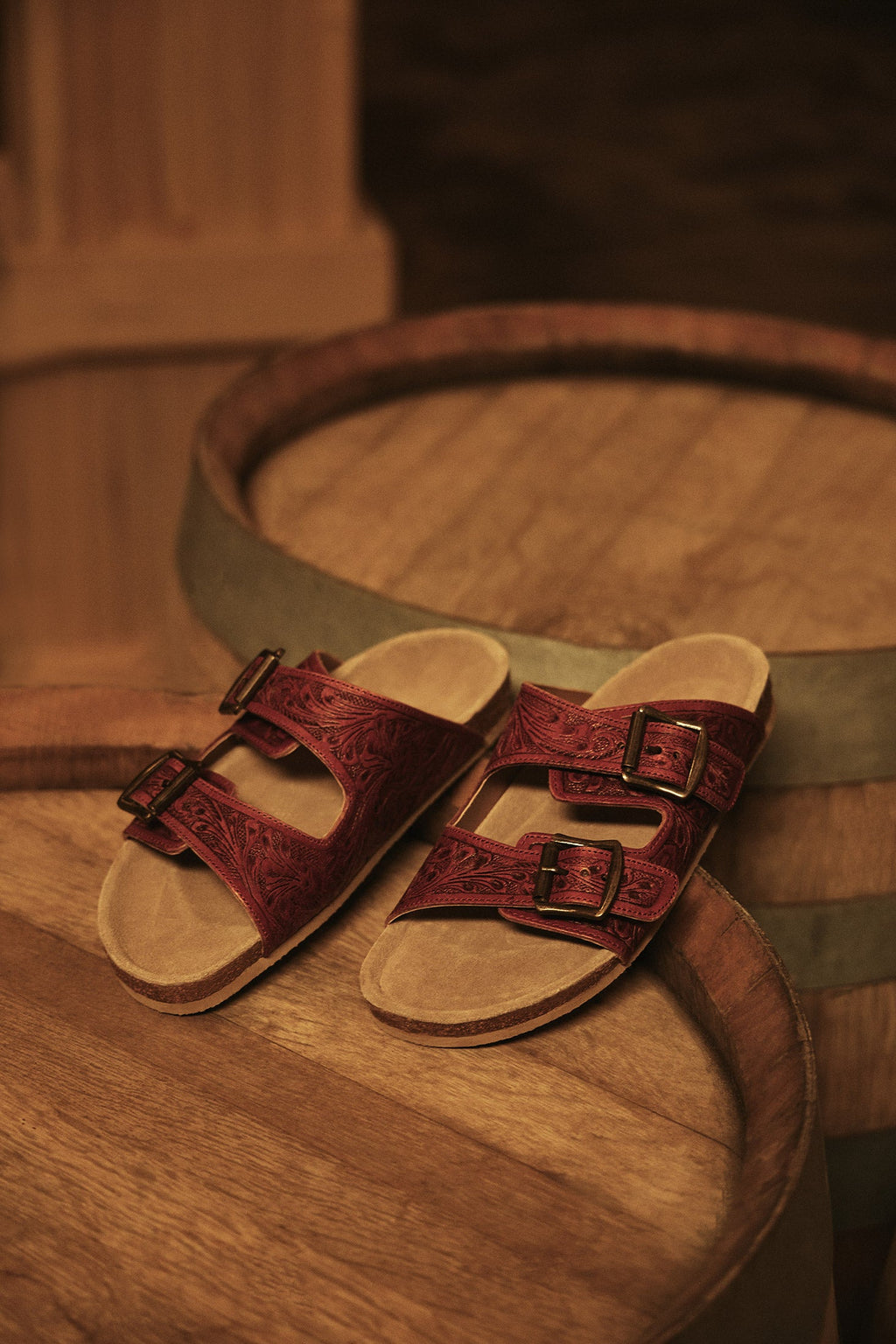Myra Falling Feather Red Tooled Leather Sandals for Women - Dual Strap Casual Slides with Cushioned Sole for All-Day Comfort