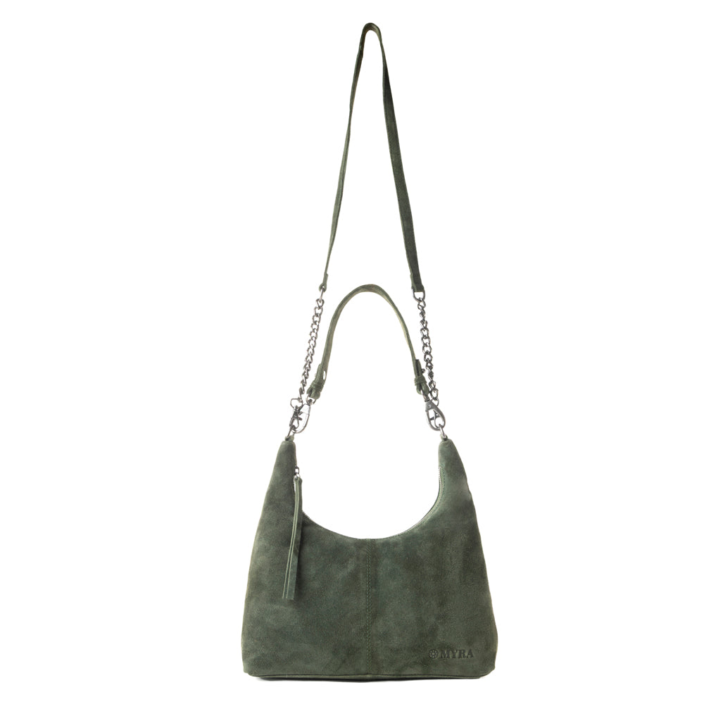 Myra Juniper Trail Genuine Suede Bag for Women in forest green with extra strap