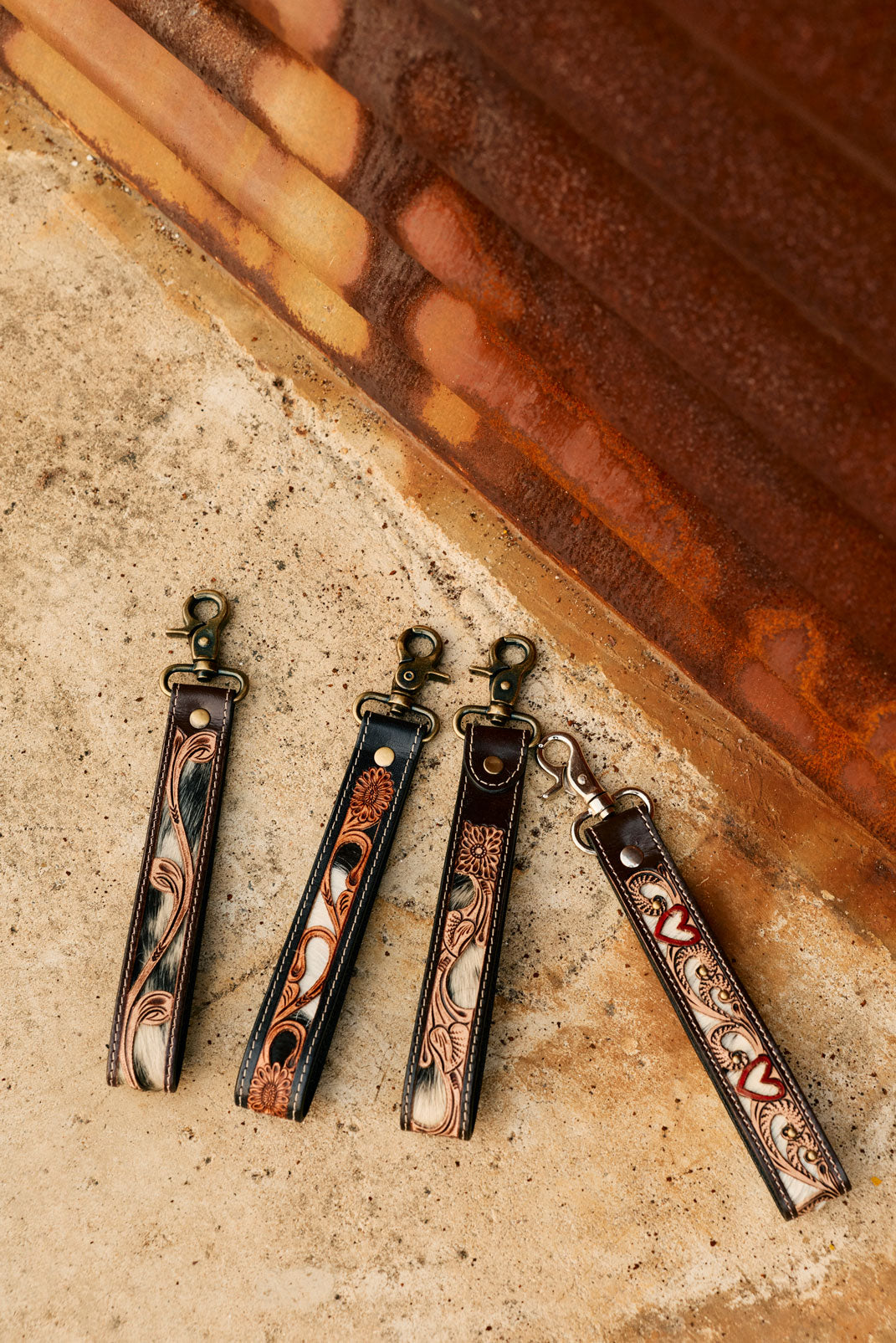 Myra Wildvine Pony Western Handtooled Key Fob in dark brown with hairon detail