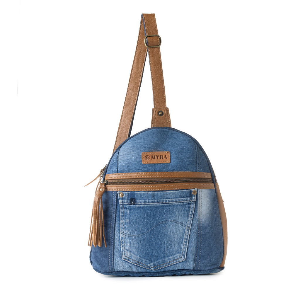 Myra Bluejean fanny pack bag for Women in blue with denim and Front Pocket