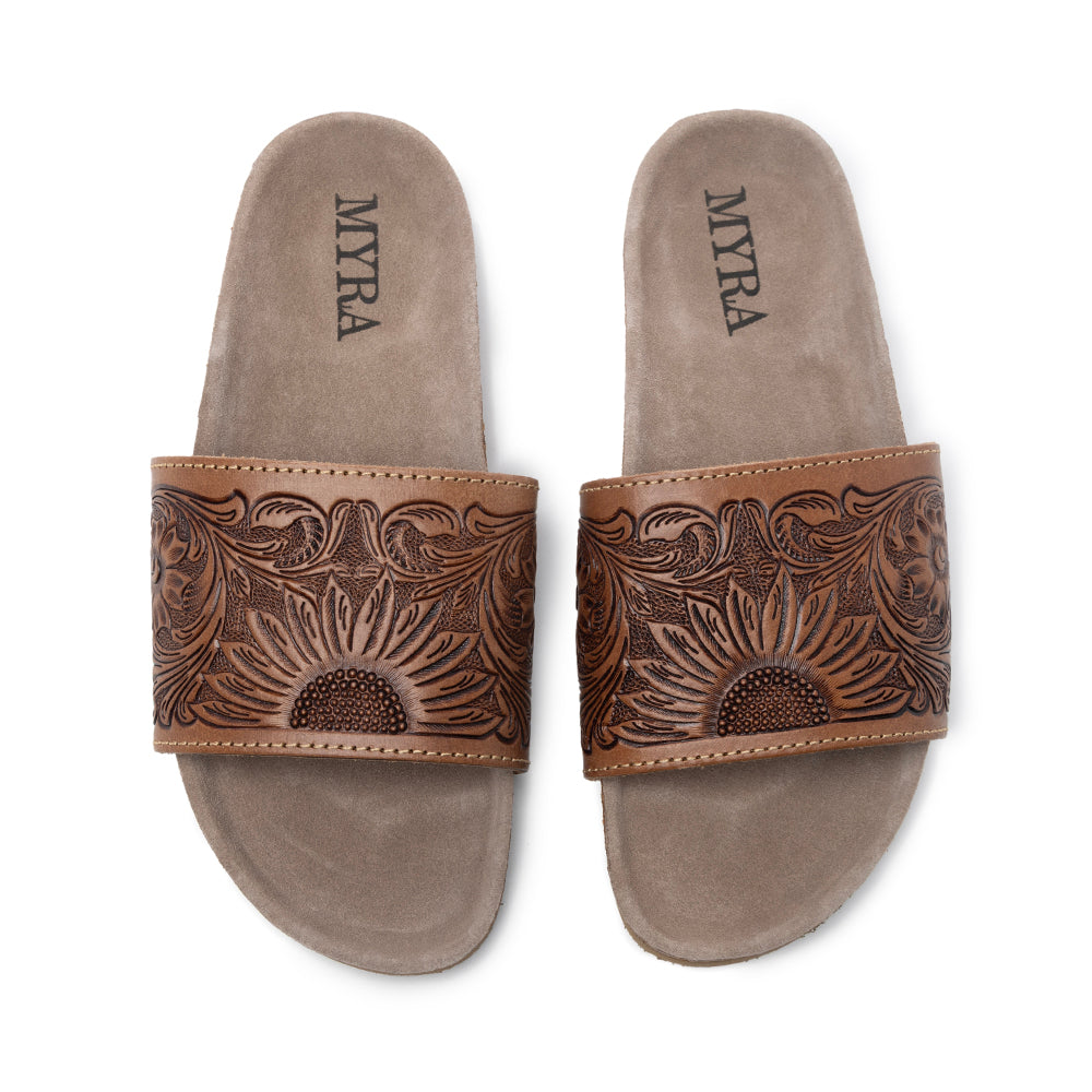 Myra Dottie Handtooled Leather Slide Sandals for Women â€“ Floral Western Tooling with Cork Sole for Casual Comfort