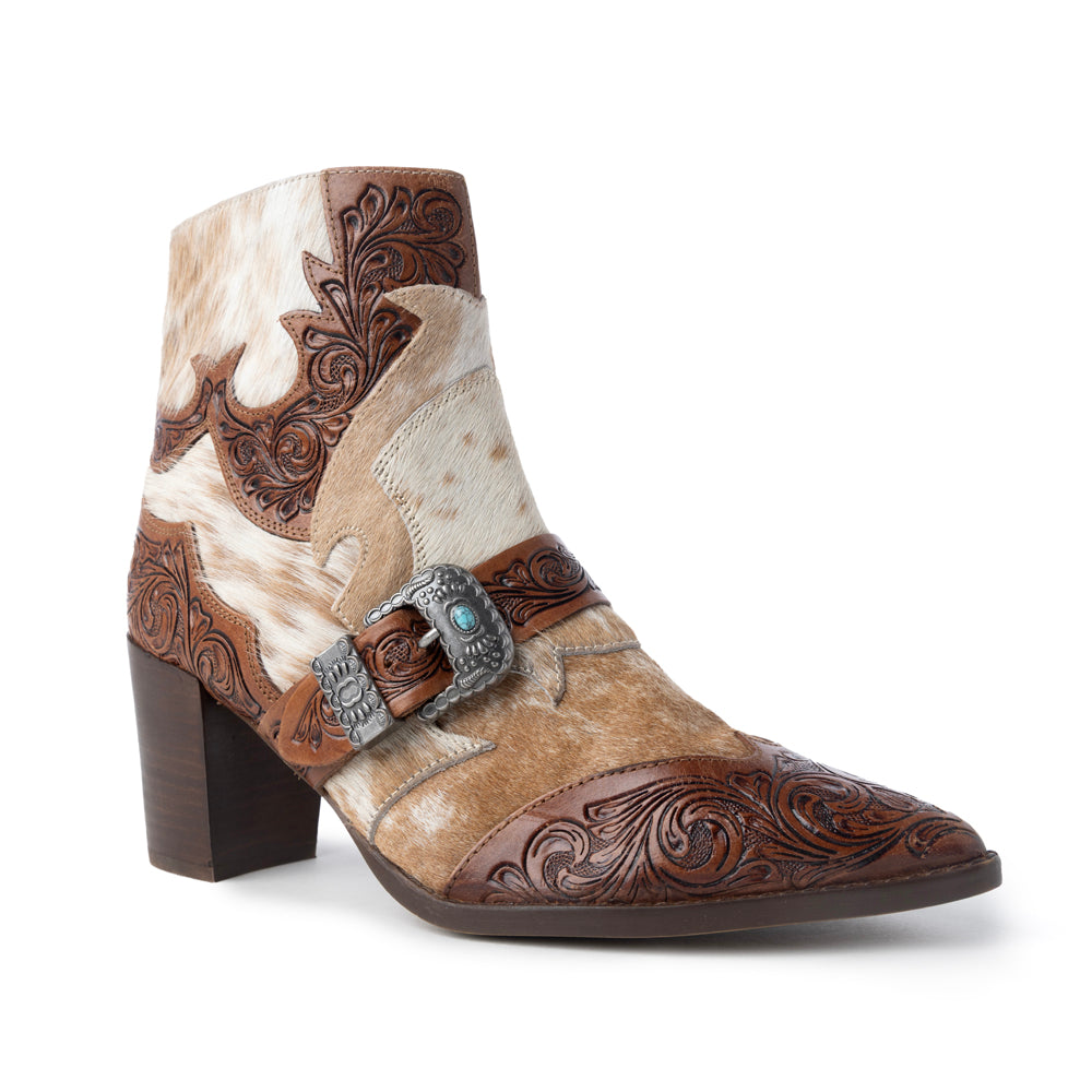 Myra Goldie Hairon Leather Boots for Women - Ankle Boots with Handtooled Leather Accents & Block Heels for Carnival Fun