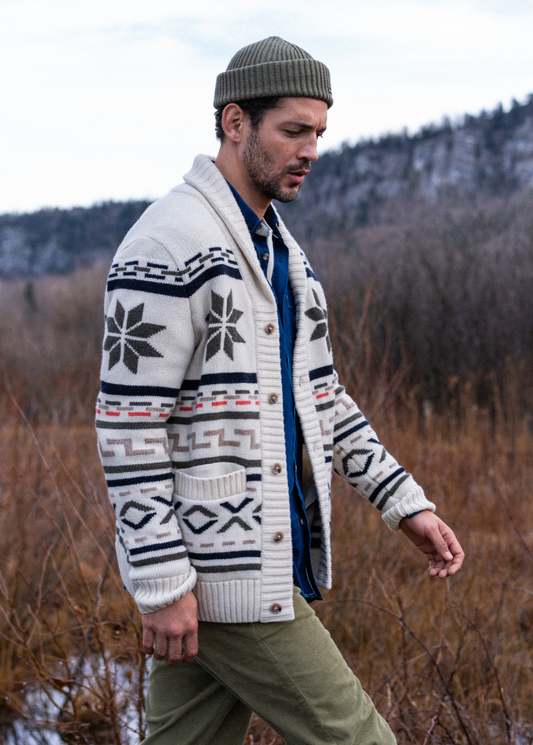 SION - Wool Shawl Collar Jacquard Cardigan (ECRU / MULTICO)