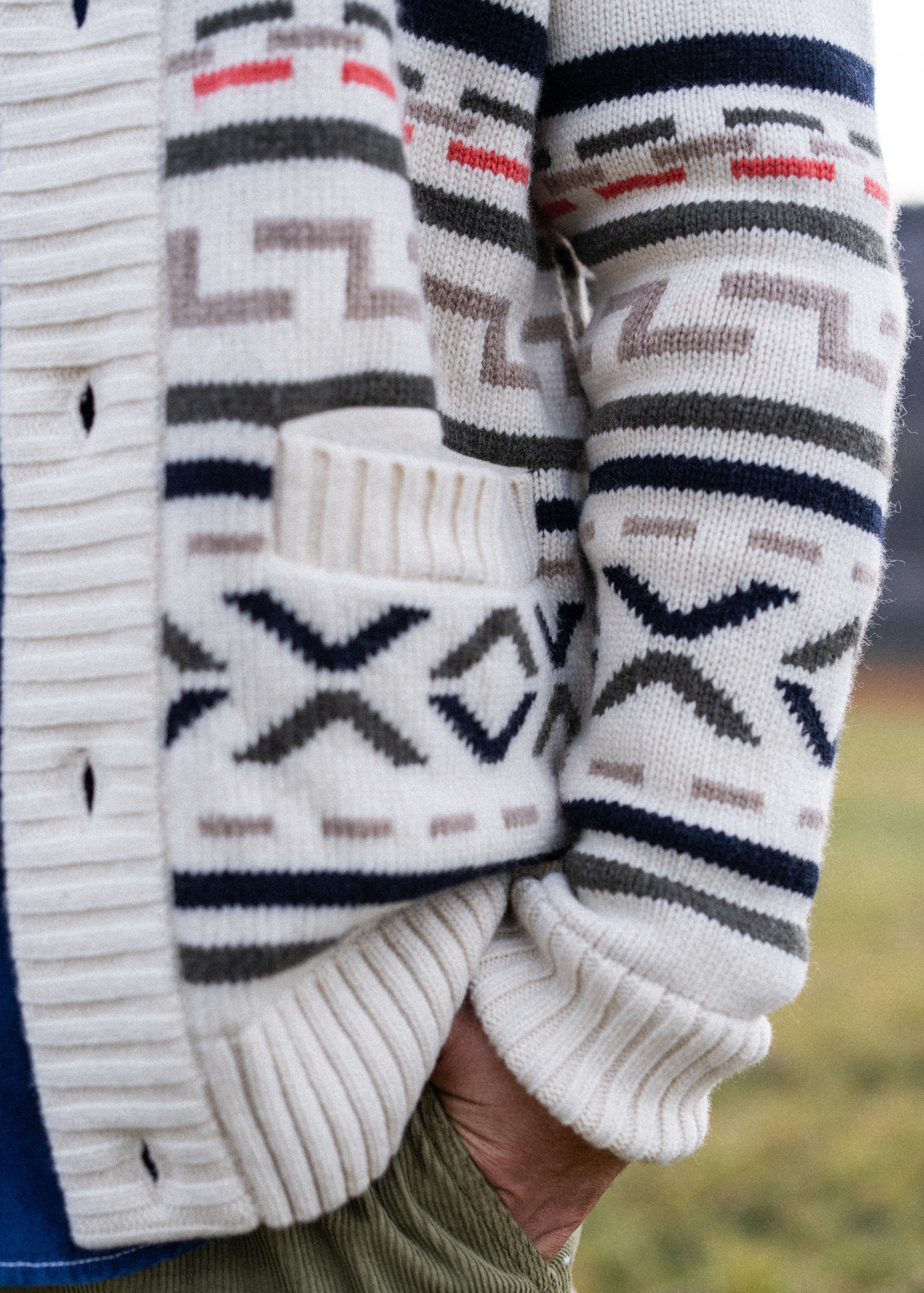 Saint James SION - Wool Shawl Collar Jacquard Cardigan (ECRU / MULTICO)