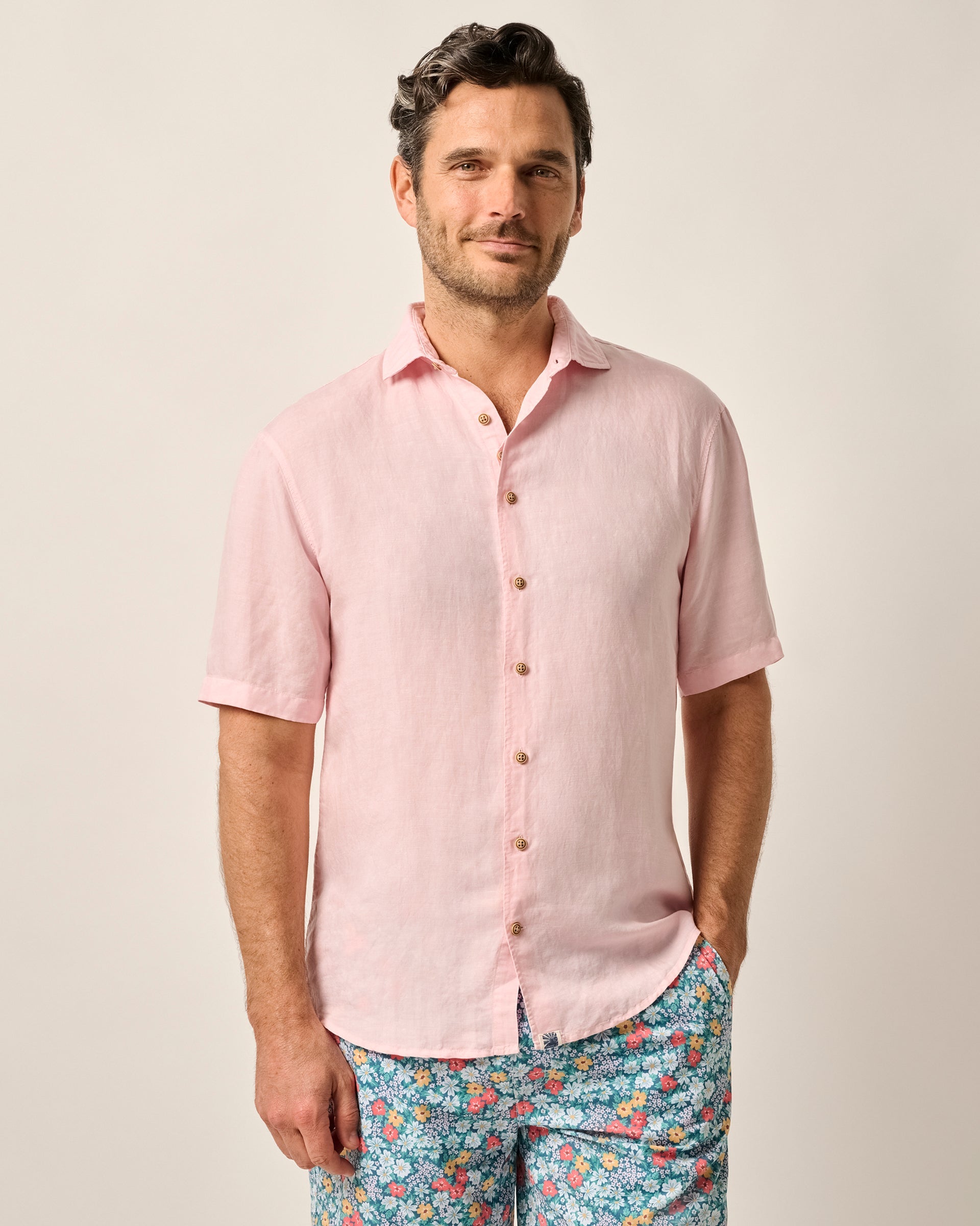 Johnnie-O Garment Dyed Short Sleeve Printed Button Down Shirt - Gianni Solid Knit, Petal