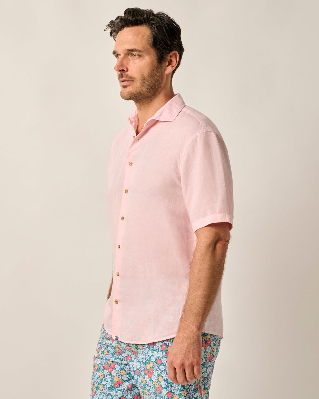 Johnnie-O Garment Dyed Short Sleeve Printed Button Down Shirt - Gianni Solid Knit, Petal