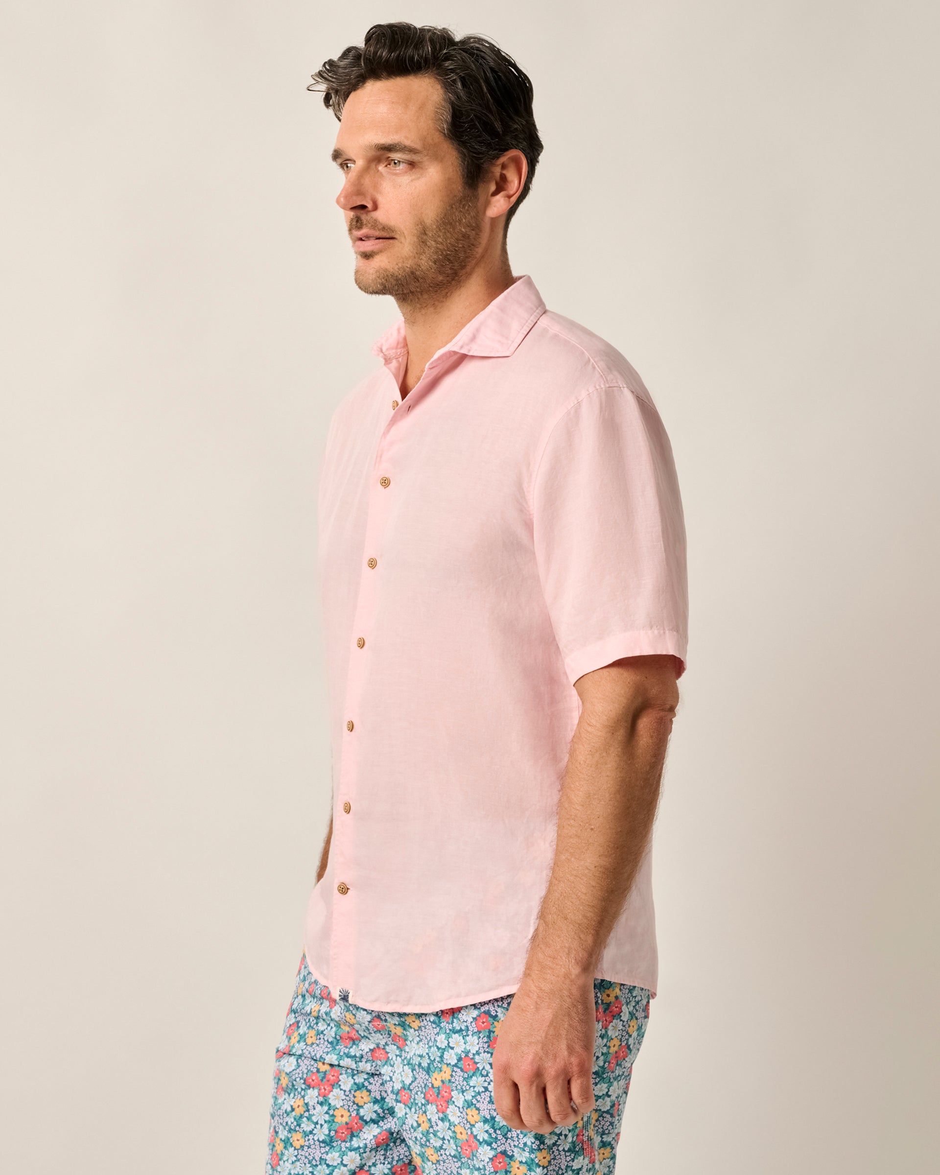 Johnnie-O Garment Dyed Short Sleeve Printed Button Down Shirt - Gianni Solid Knit, Petal