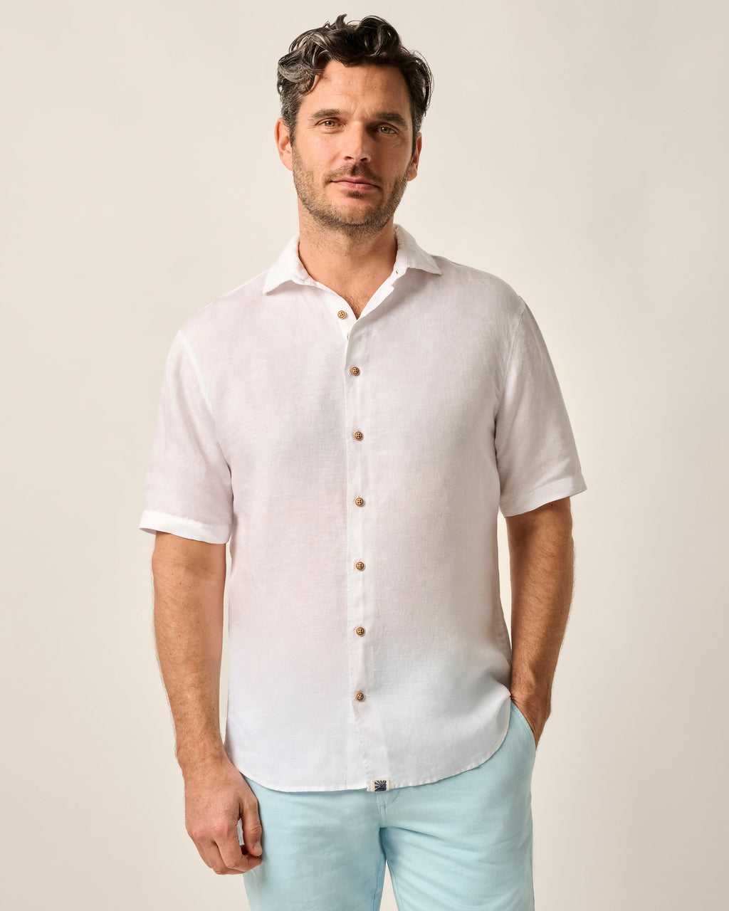 Johnnie-O Garment Dyed Short Sleeve Printed Button Down Shirt - Gianni Solid Knit, White