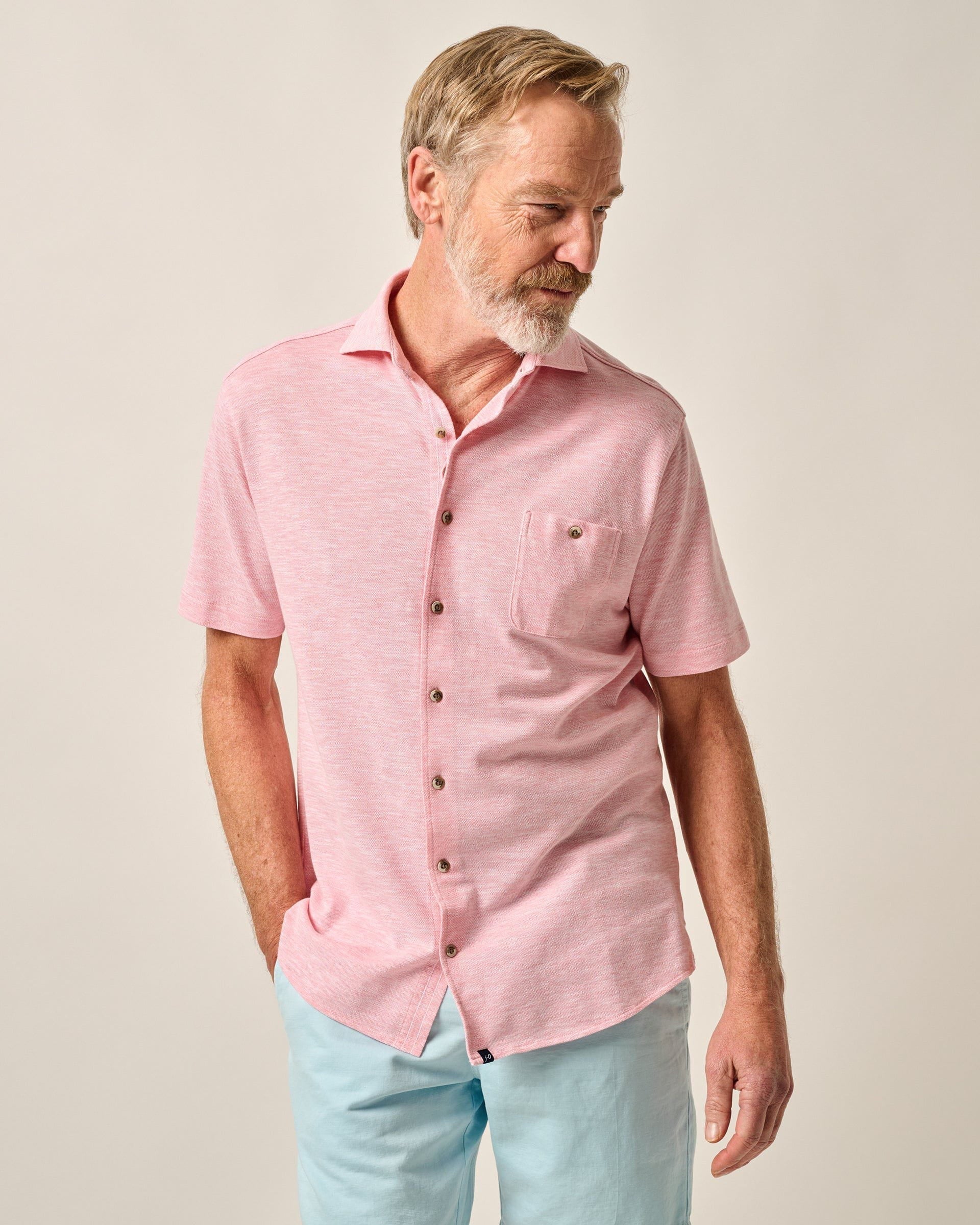 Johnnie-O Short-Sleeve Knit Pique Button-Down Shirt - Tasca, Conch