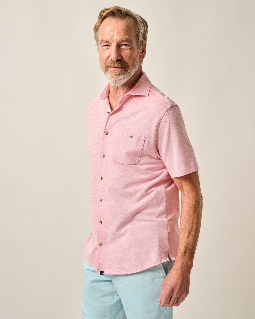Johnnie-O Short-Sleeve Knit Pique Button-Down Shirt - Tasca, Conch