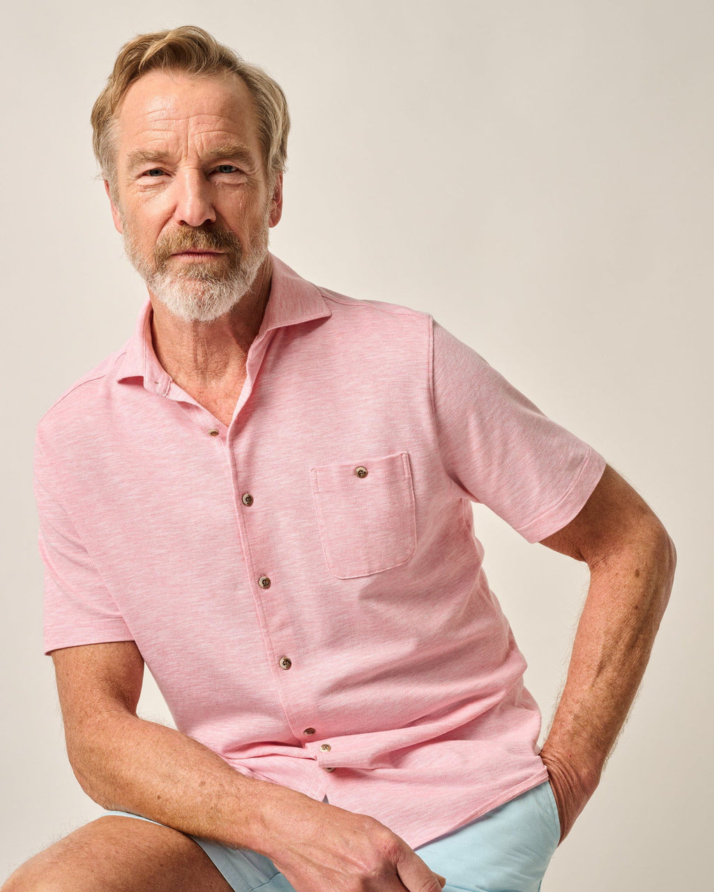 Johnnie-O Short-Sleeve Knit Pique Button-Down Shirt - Tasca, Conch