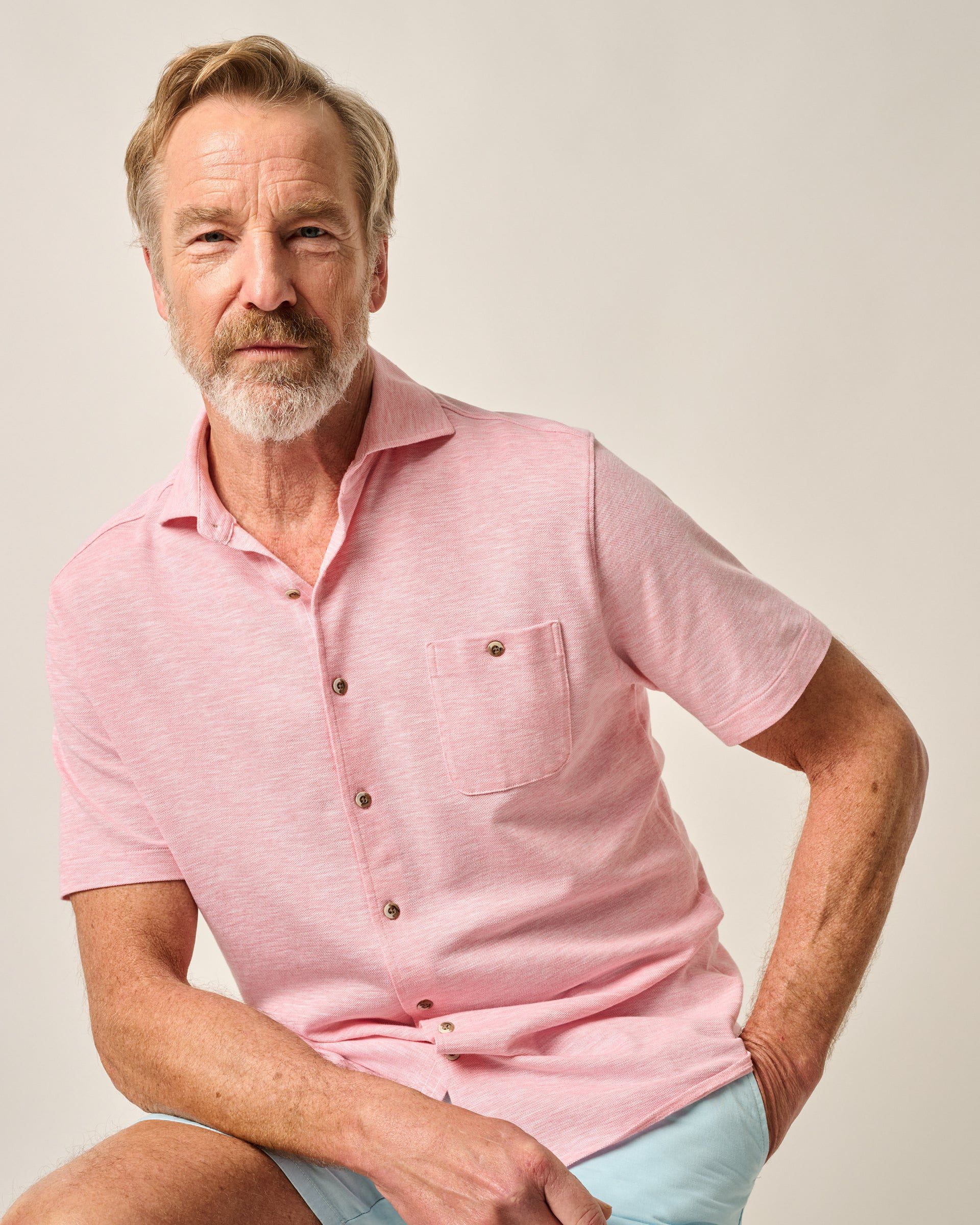 Johnnie-O Short-Sleeve Knit Pique Button-Down Shirt - Tasca, Conch