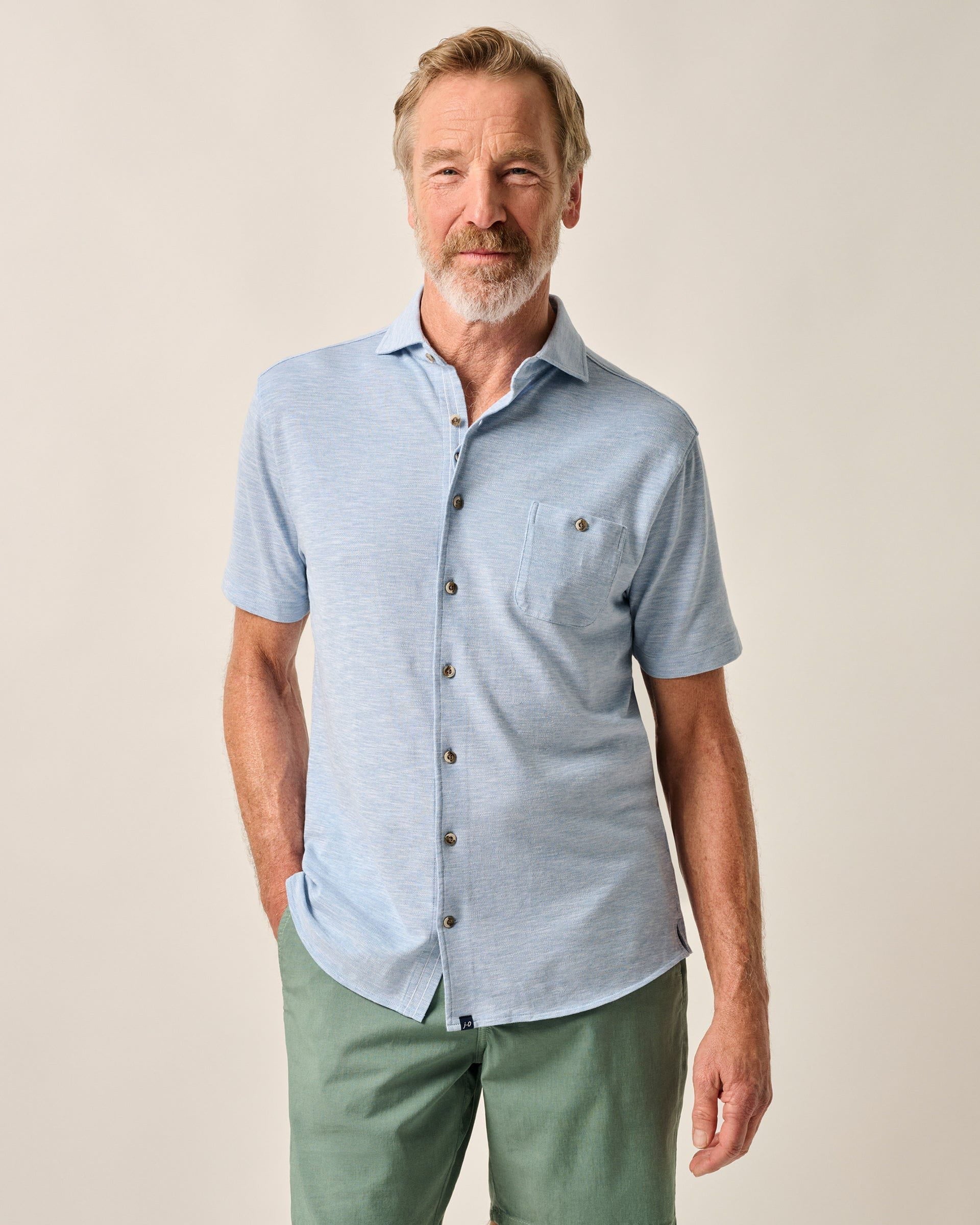 Johnnie-O Short-Sleeve Knit Pique Button-Down Shirt - Tasca