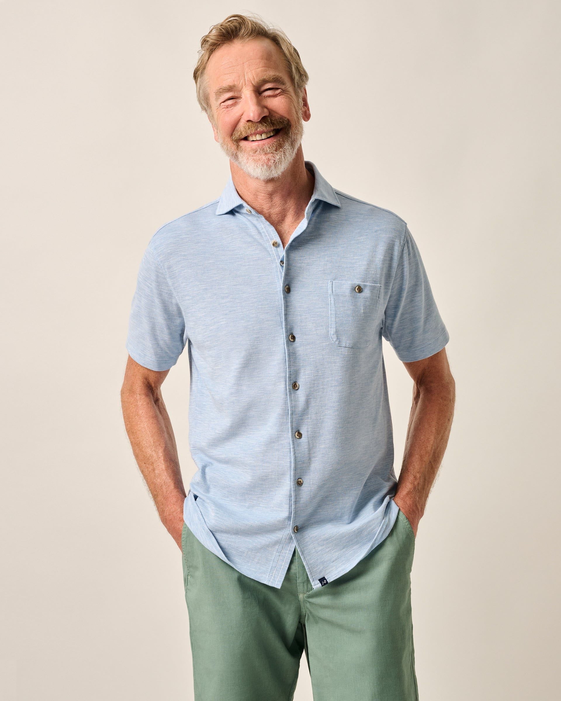 Johnnie-O Short-Sleeve Knit Pique Button-Down Shirt - Tasca