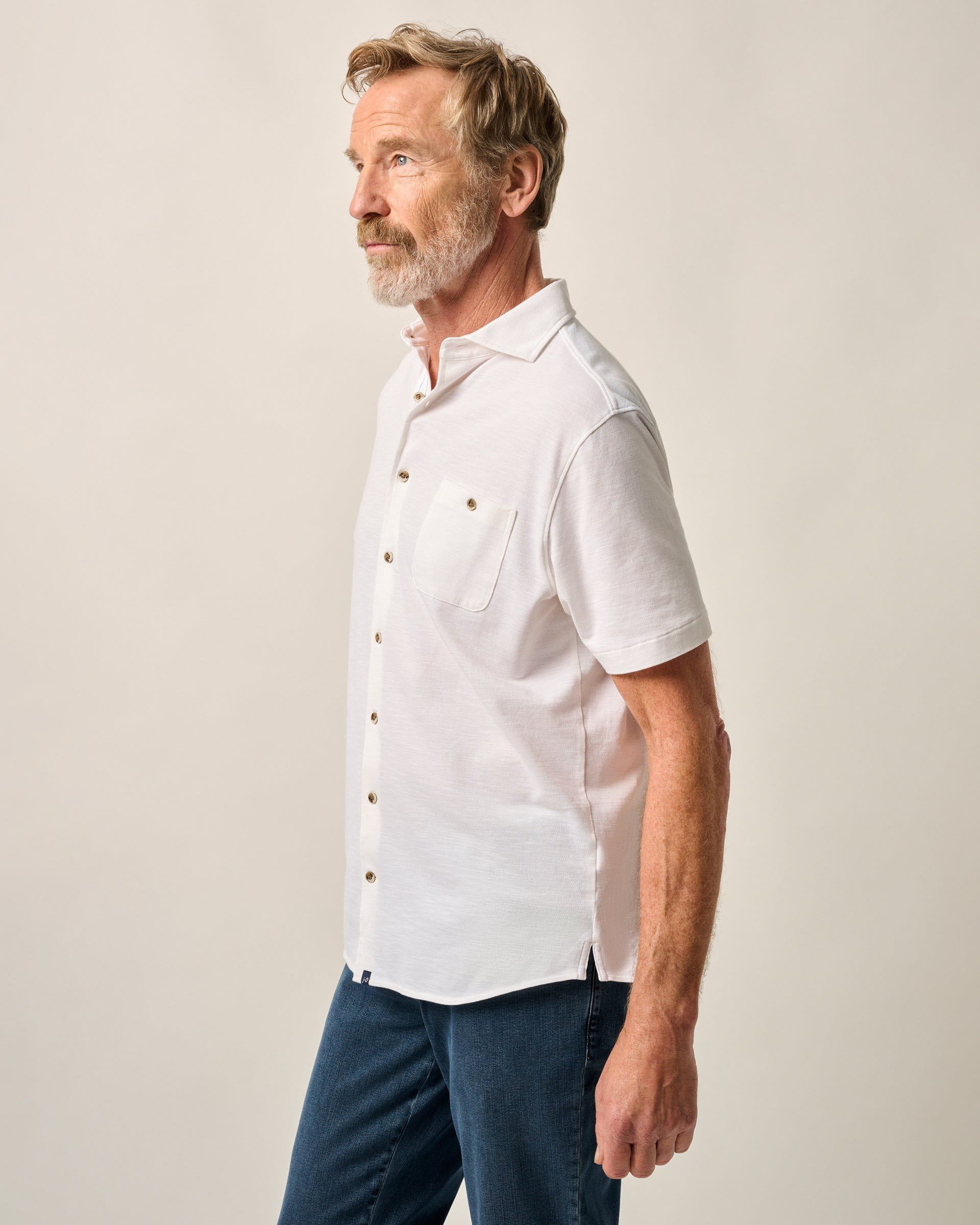 Johnnie-O Short-Sleeve Knit Pique Button-Down Shirt - Tasca