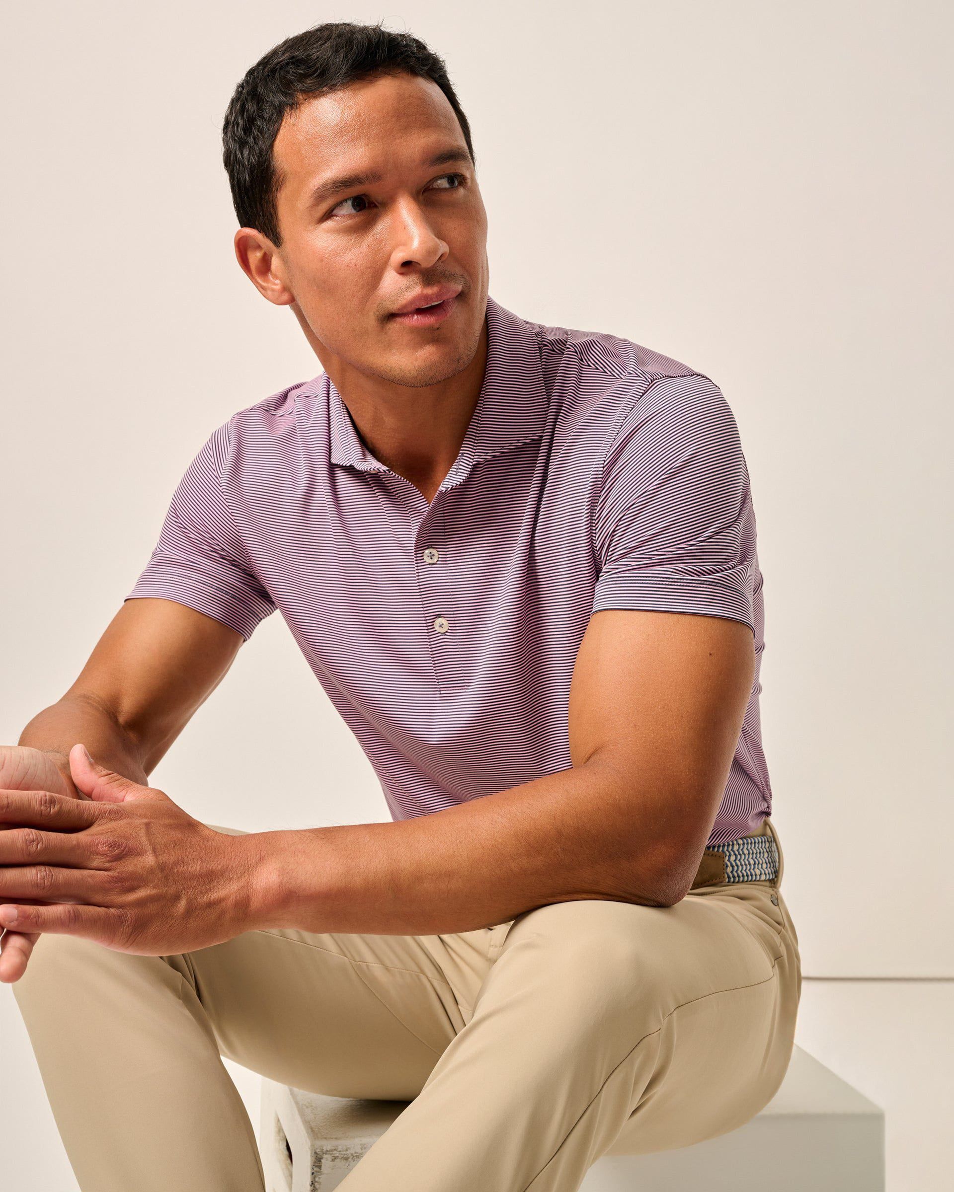 Johnnie-O Performance Jersey Polo - Lyndonn Stripe, Navy and Porto Pink