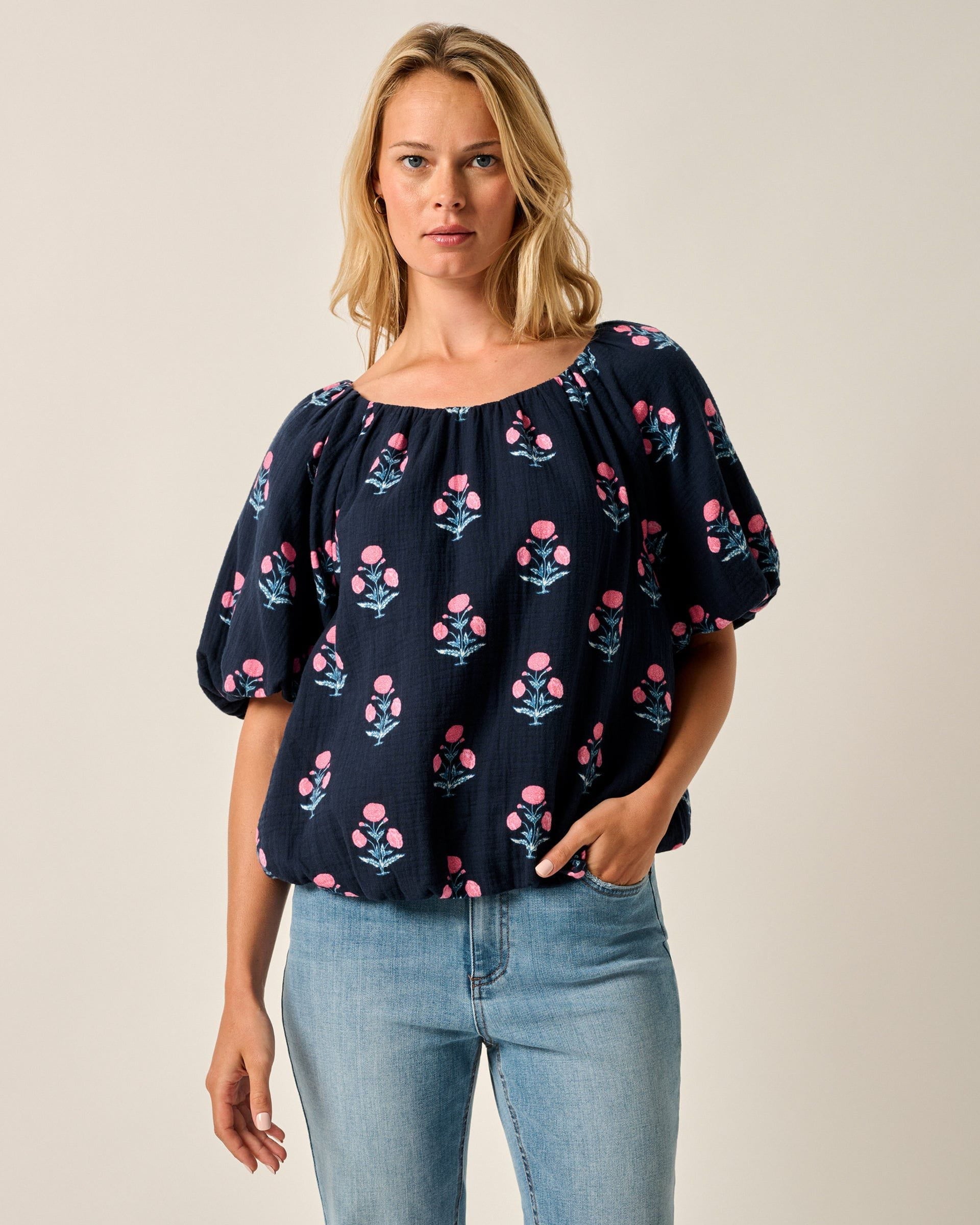 Johnnie-O Collett Block Print Blouse, Navy