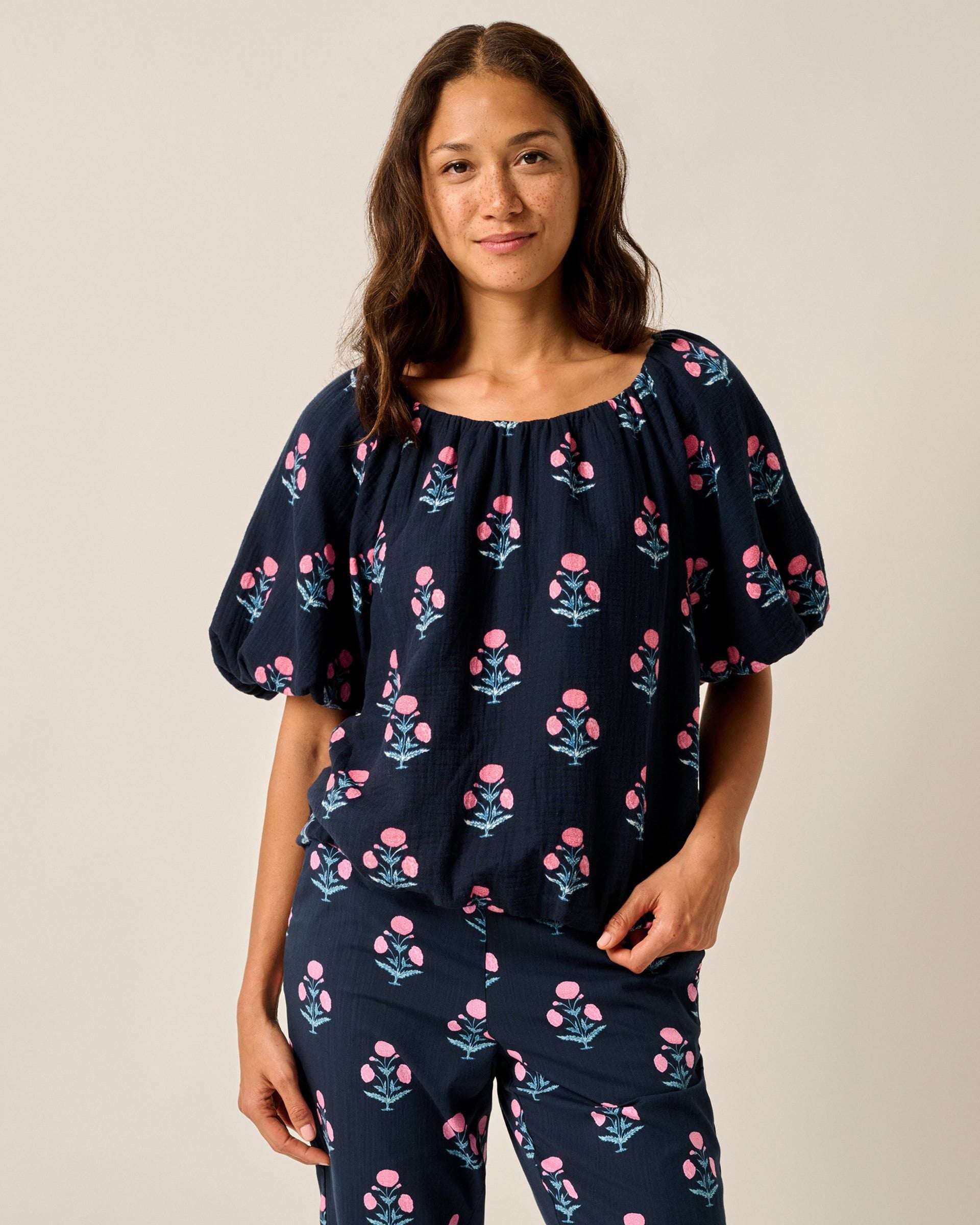 Johnnie-O Collett Block Print Blouse, Navy