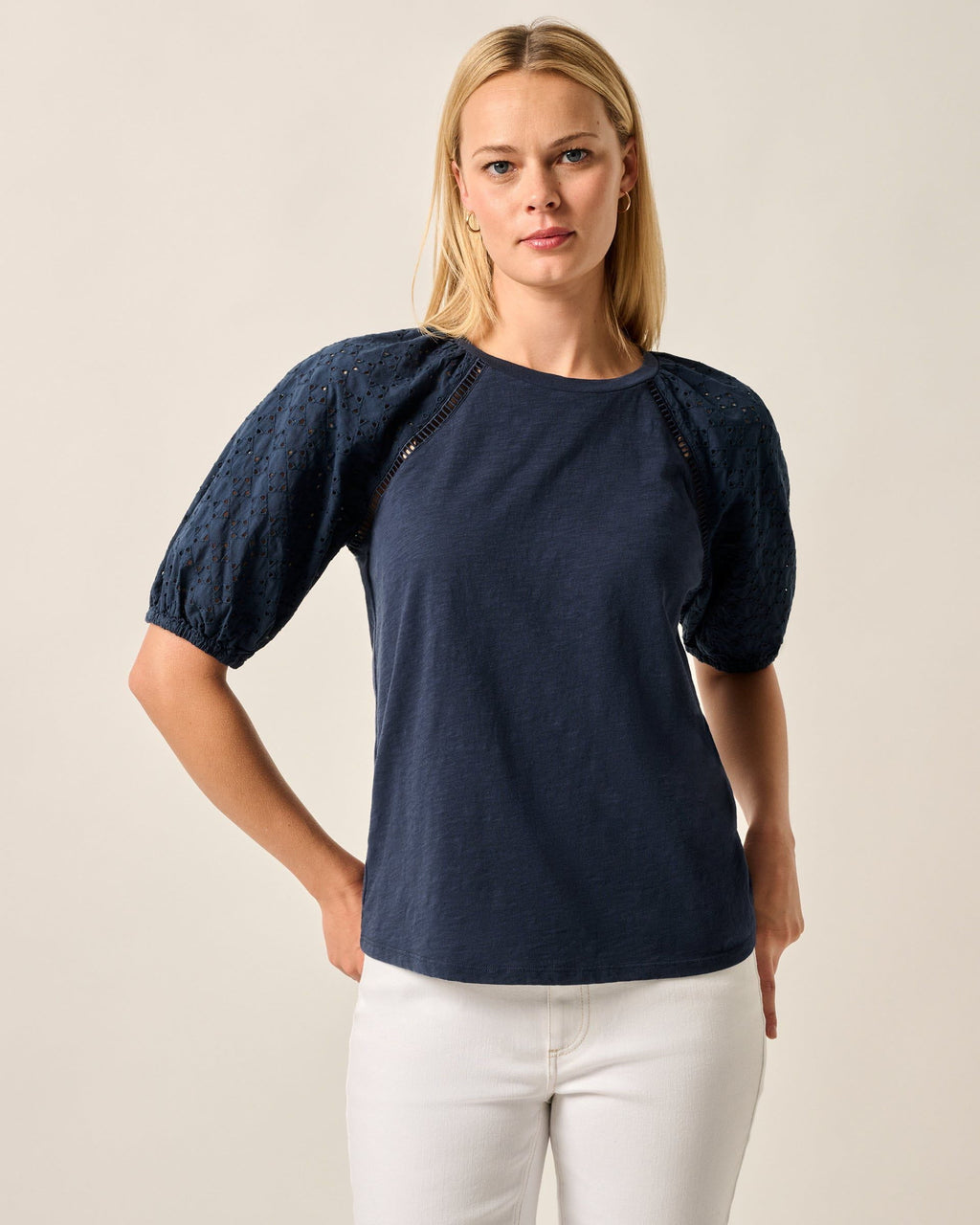 Johnnie-O Lydia Eyelet Puff Sleeve Blouse, Navy