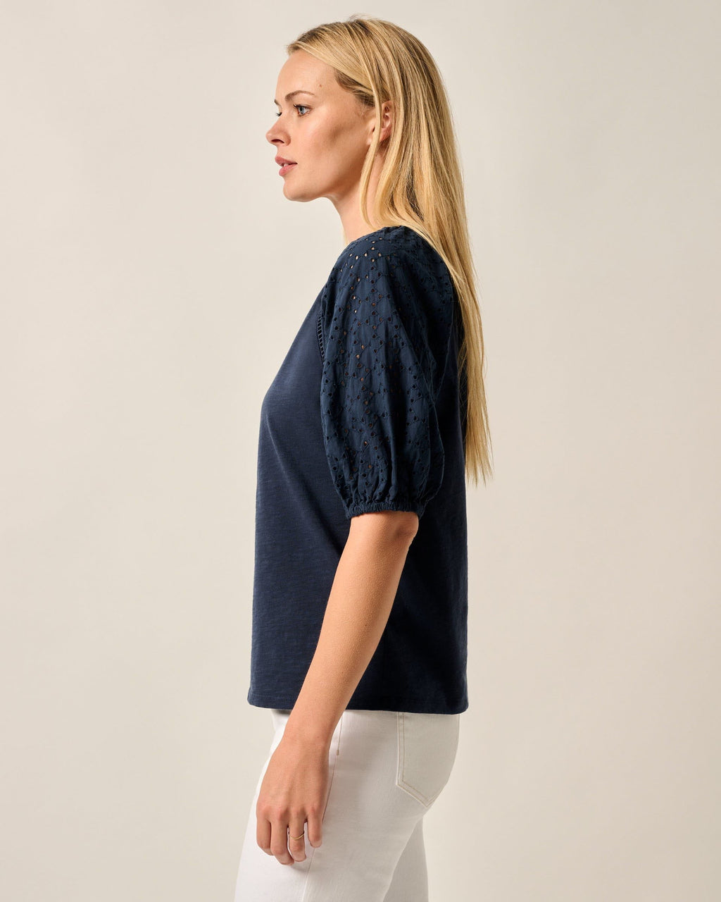 Johnnie-O Lydia Eyelet Puff Sleeve Blouse, Navy