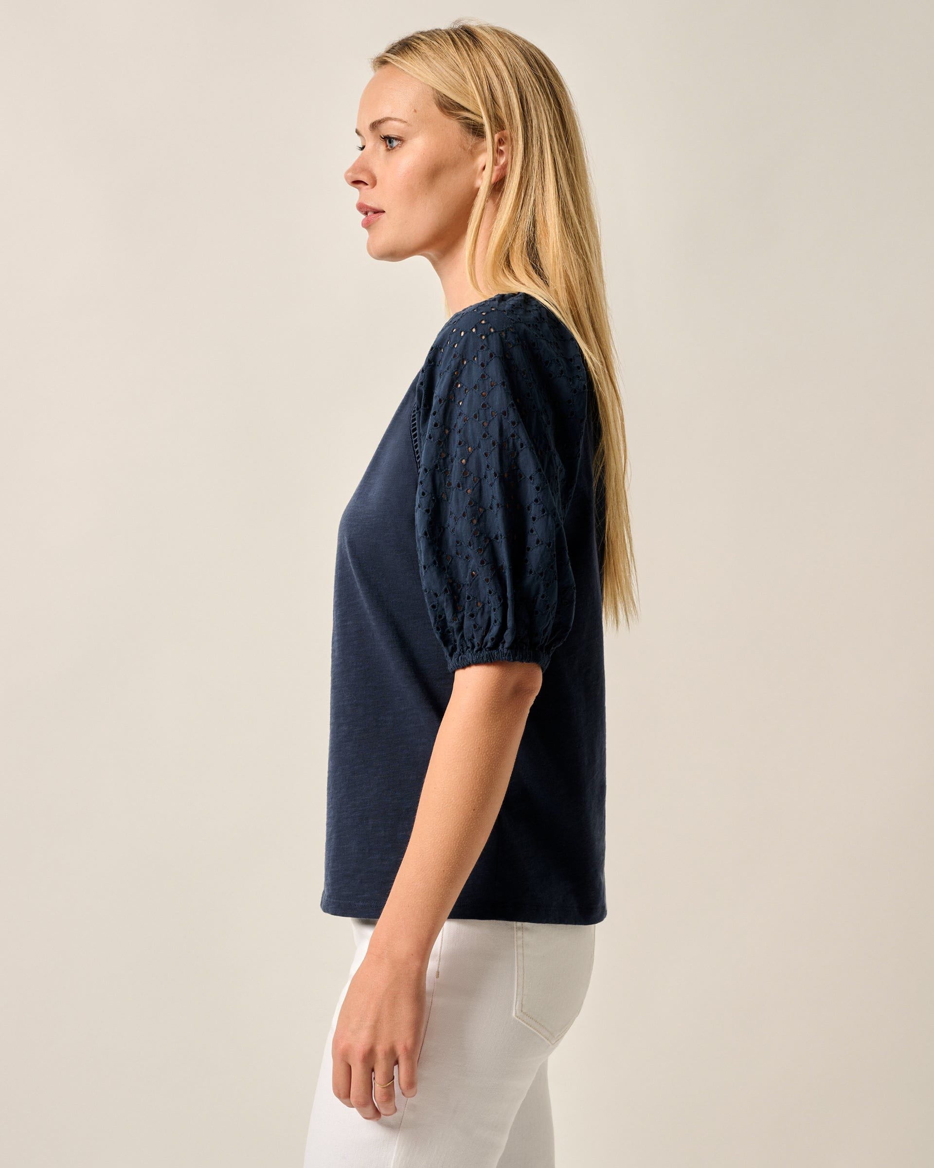 Johnnie-O Lydia Eyelet Puff Sleeve Blouse, Navy