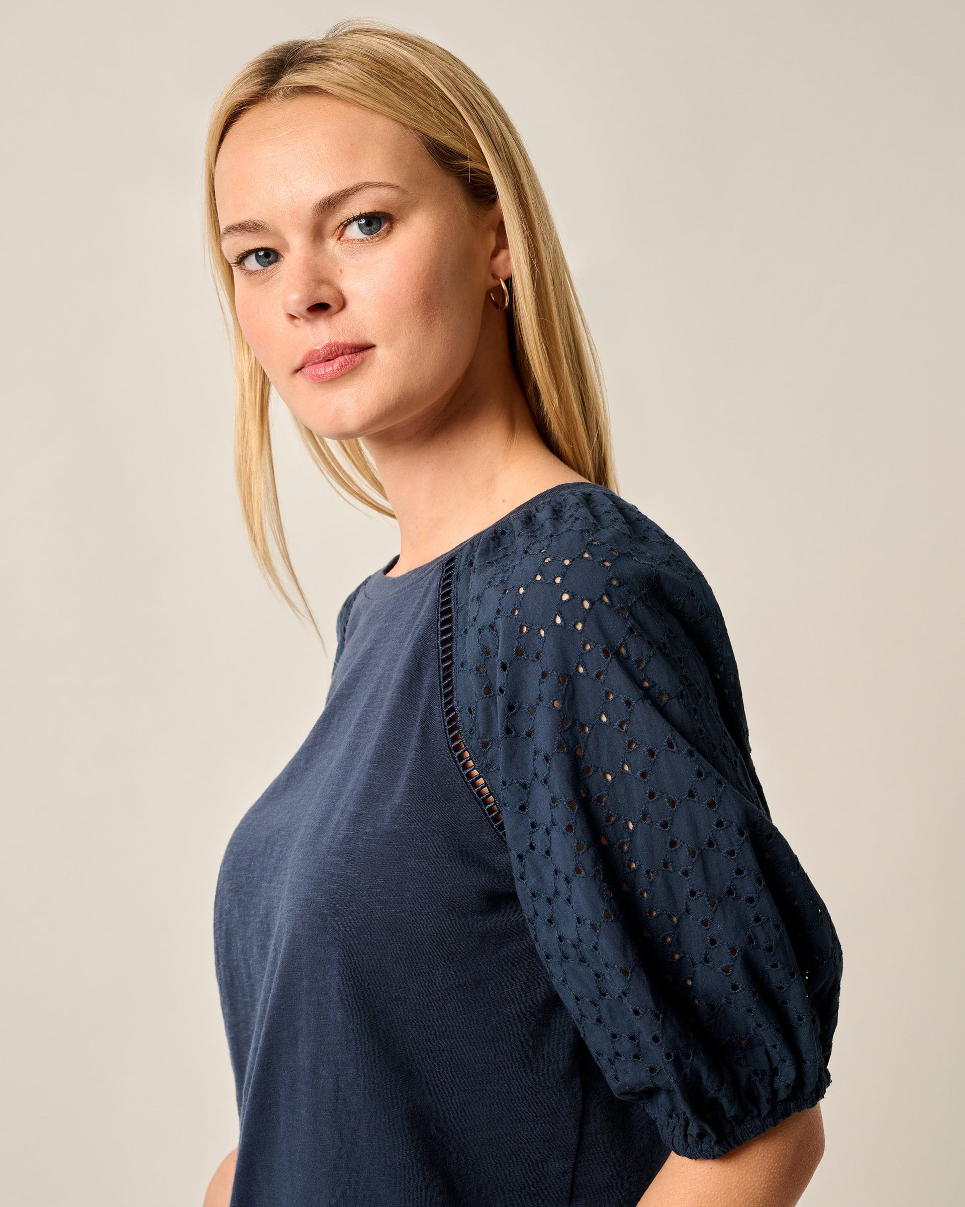 Johnnie-O Lydia Eyelet Puff Sleeve Blouse, Navy