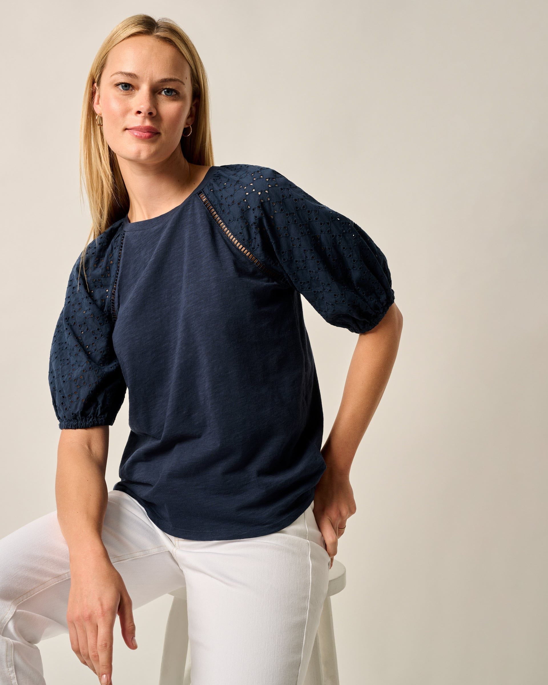 Johnnie-O Lydia Eyelet Puff Sleeve Blouse, Navy