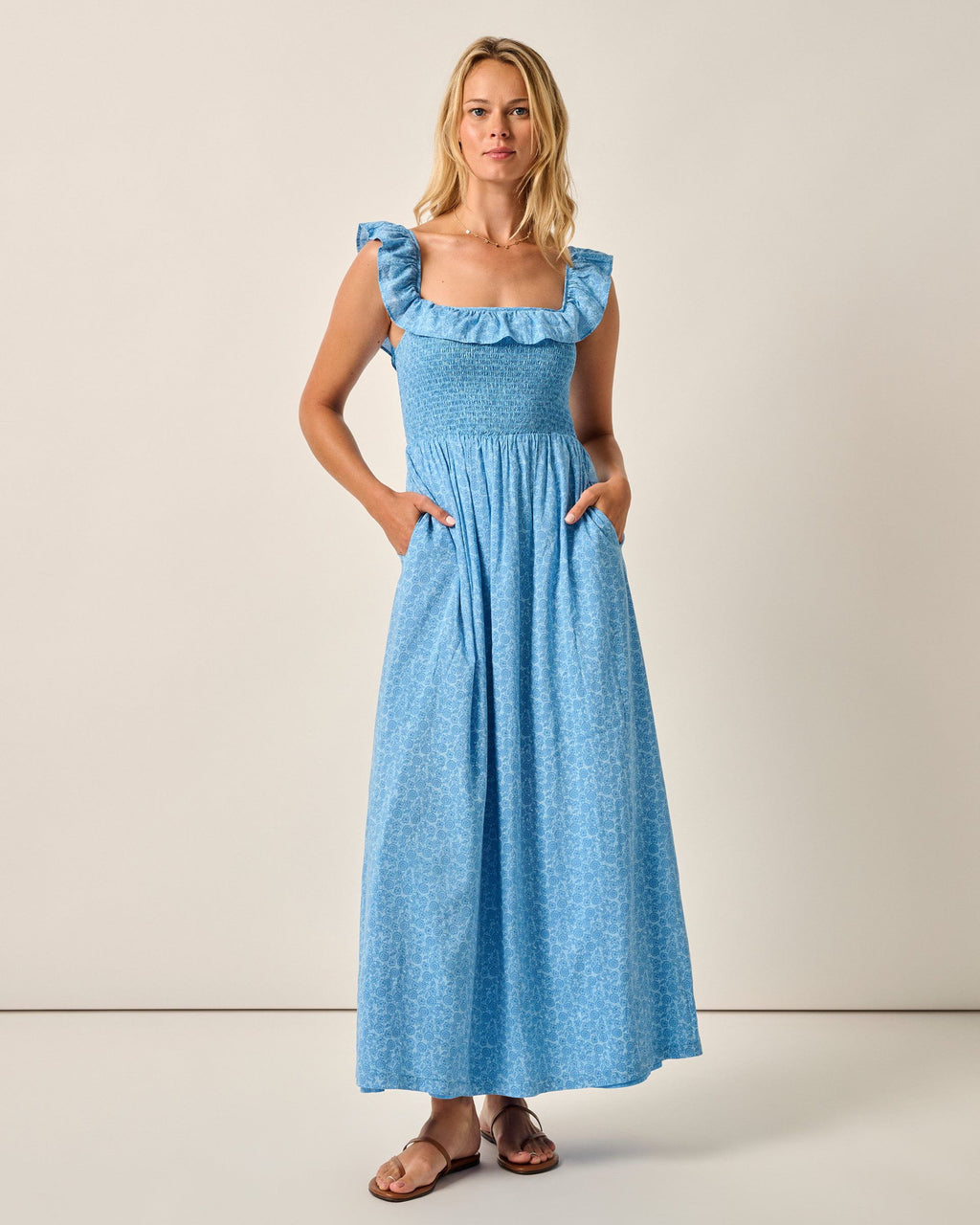 Johnnie-O Mira Smocked Midi Dress, Maliblu