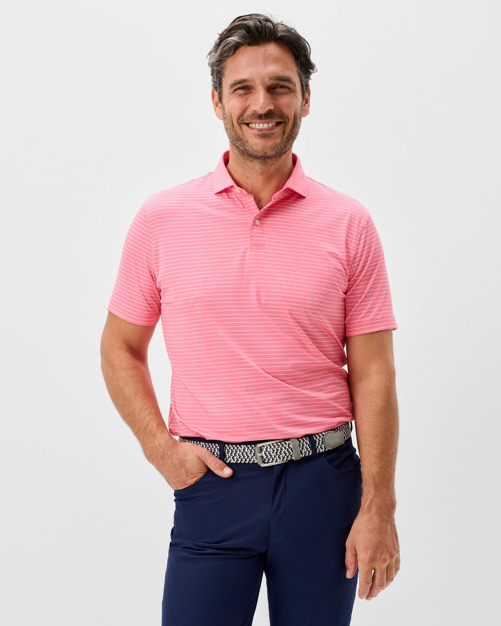 Johnnie-O Performance Jersey Polo - Beau Stripe, Pink Lemonade