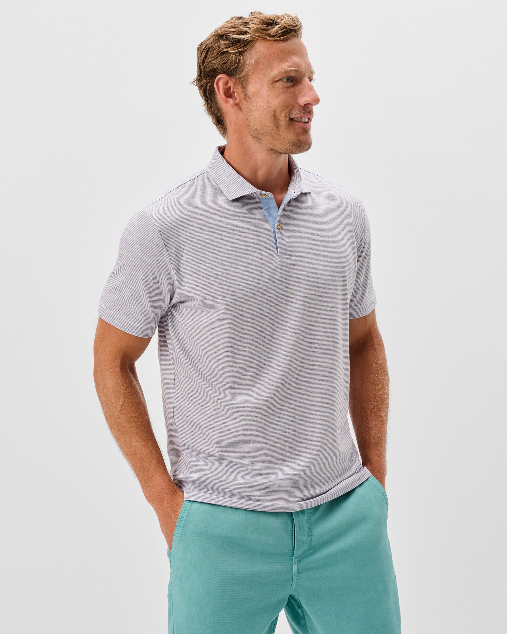 Johnnie-O Slub Cotton Blend Polo - Thatcher Stripe, Bluestone