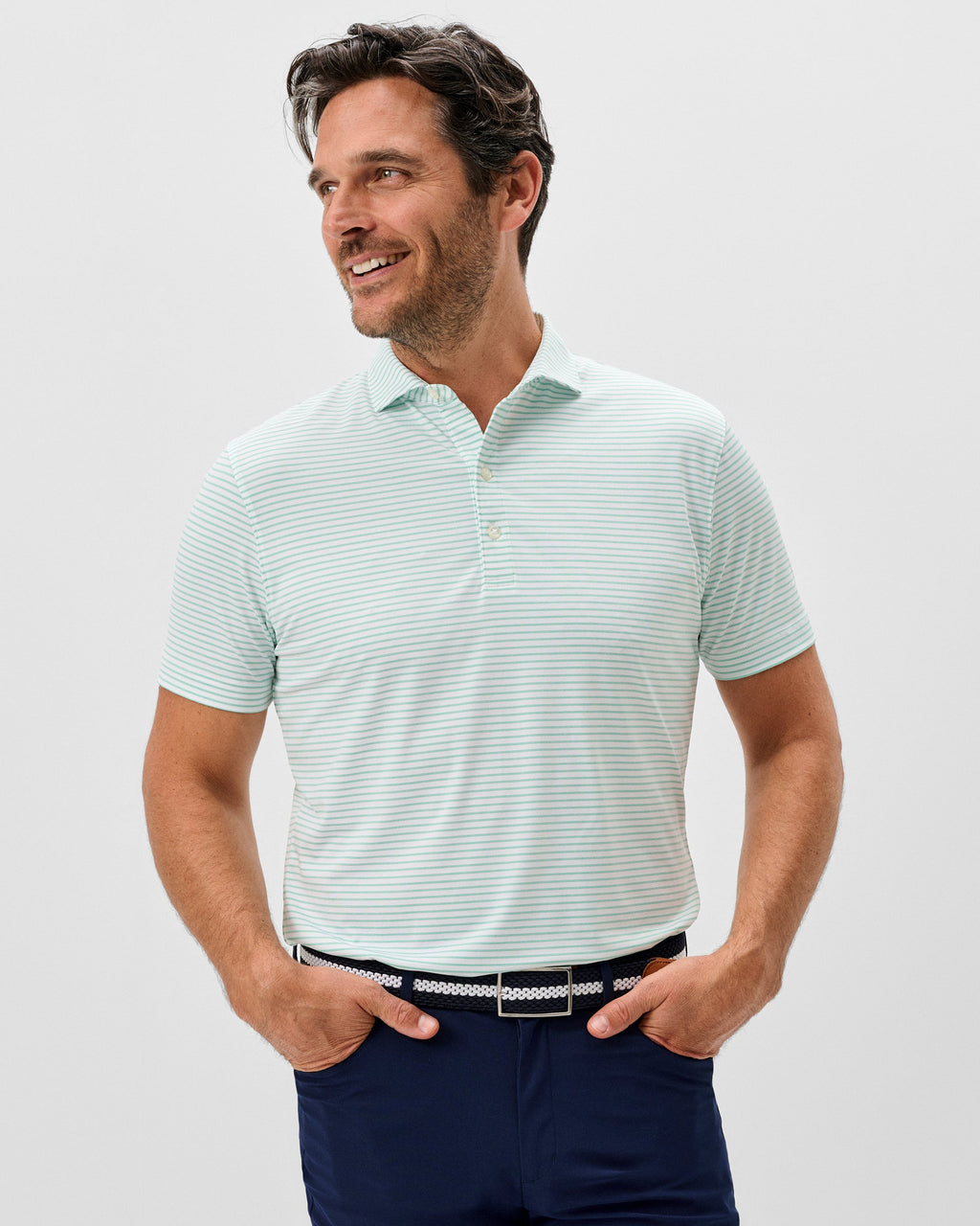 Johnnie-O Performance Jersey Polo - Michael Stripe, Cilantro