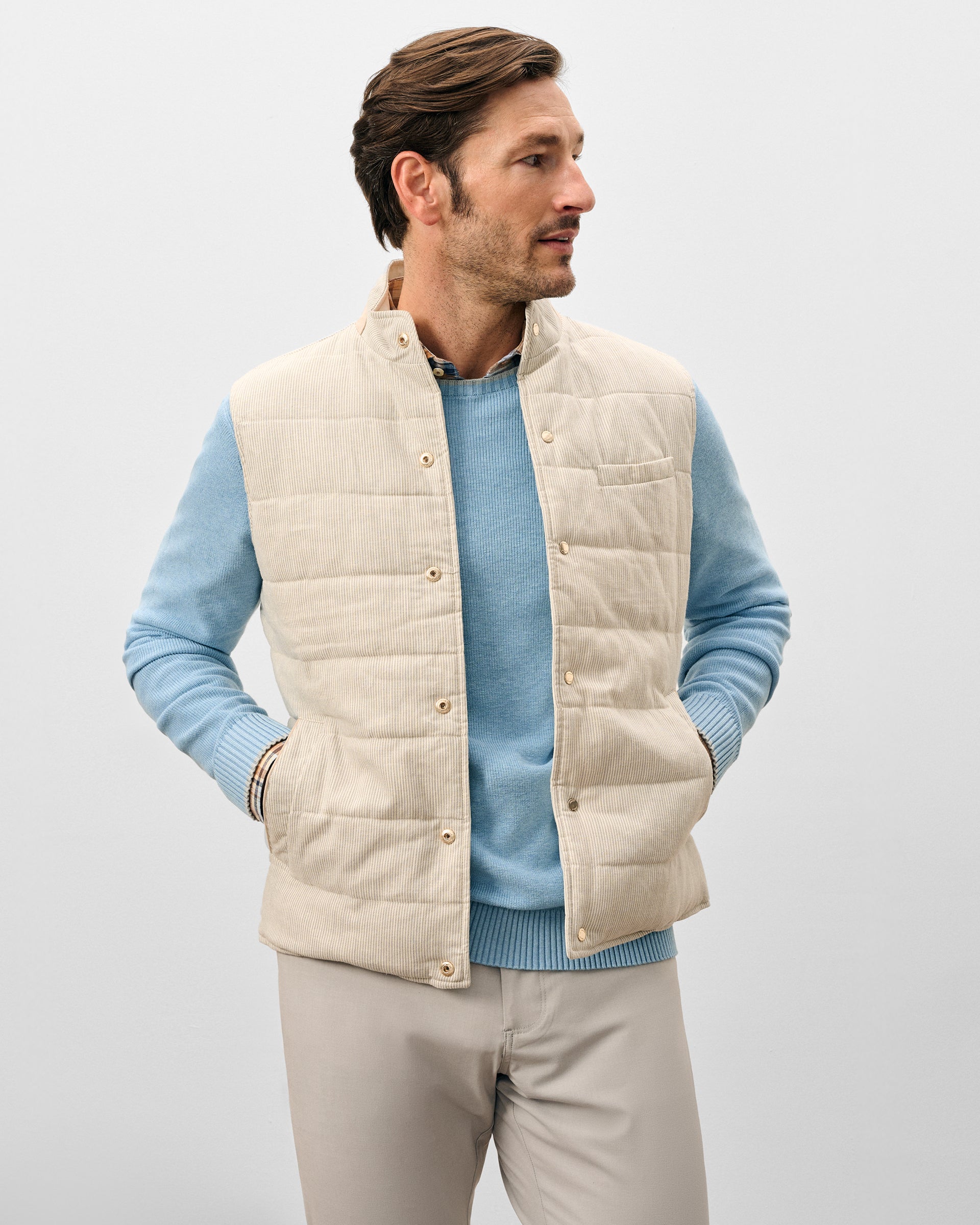 Johnnie-O Sandhills Reversible Snap Front Vest, Stone