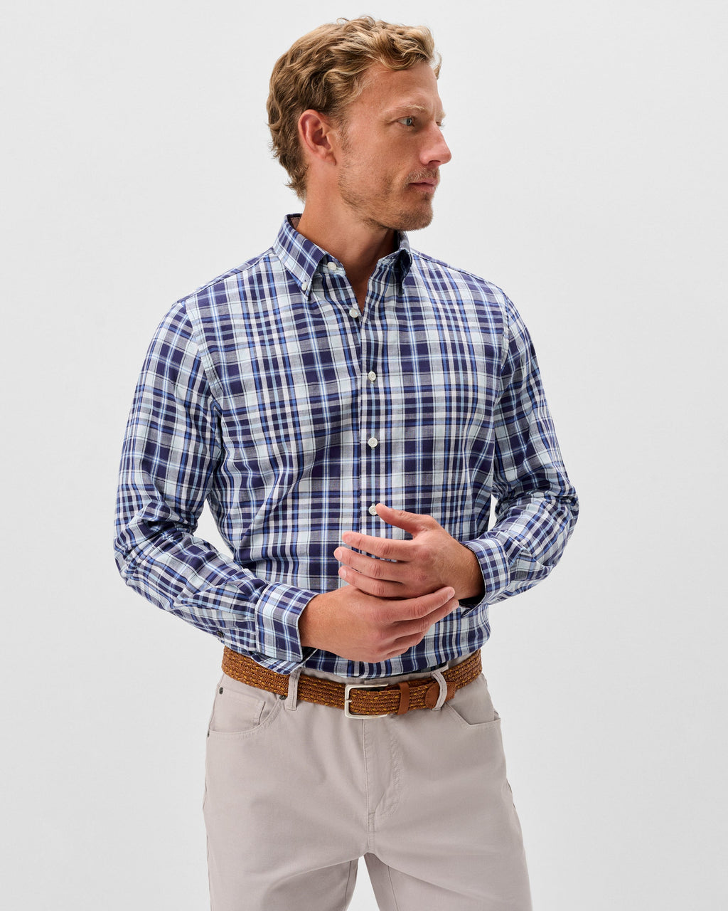 Johnnie-O Slub Cotton Button Down Shirt - Brentford Plaid, Navy