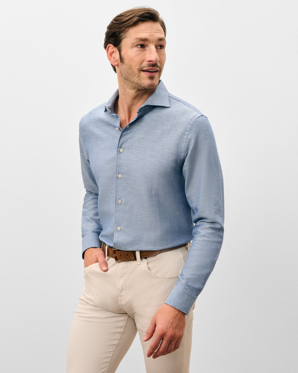 Johnnie-O Linen Blend Button Down Shirt - Chambray Solid, Laguna Blue