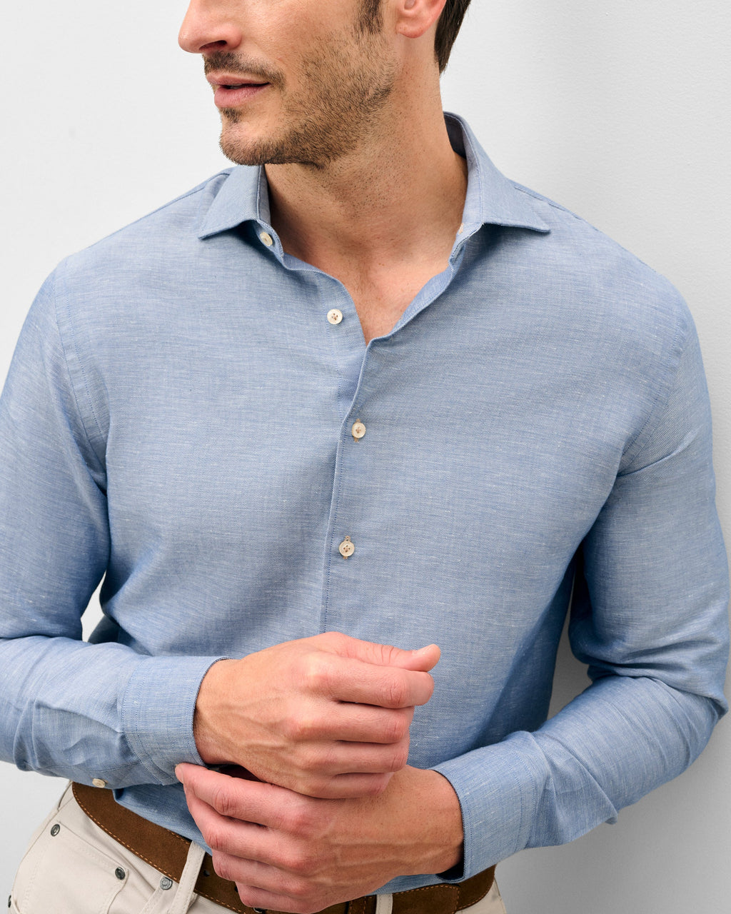 Johnnie-O Linen Blend Button Down Shirt - Chambray Solid, Laguna Blue