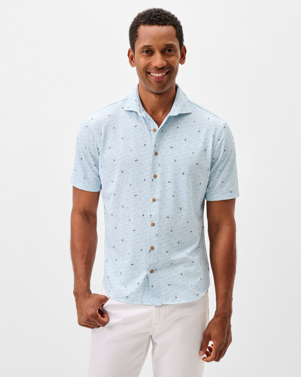 Johnnie-O Printed Mesh Short Sleeve Button Down Shirt - Rowing Printed Knit, White