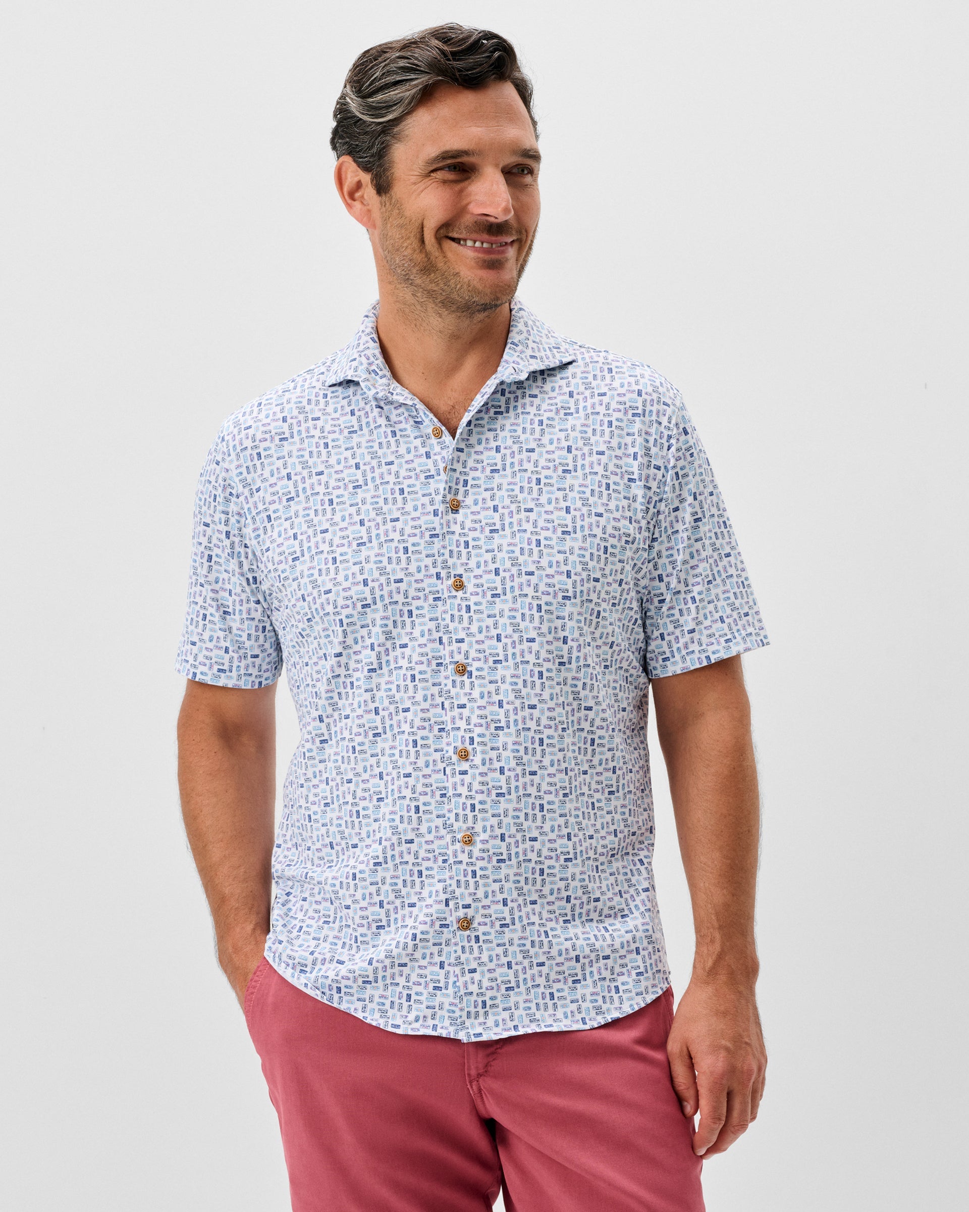 Johnnie-O Printed Mesh Short Sleeve Button Down Shirt - Roadtrip Printed Knit, White