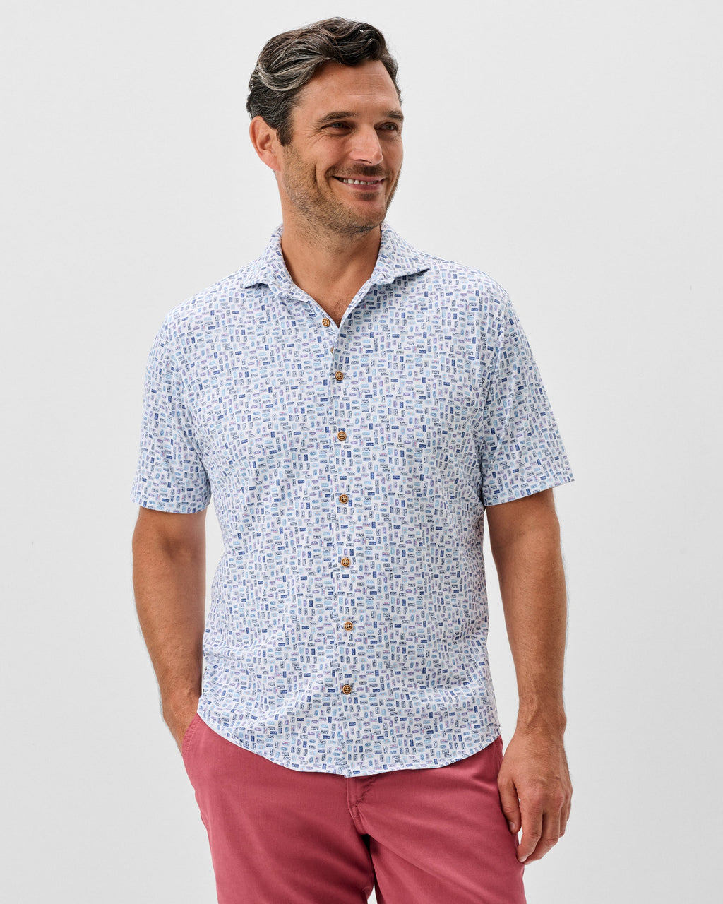 Johnnie-O Printed Mesh Short Sleeve Button Down Shirt - Roadtrip Printed Knit, White